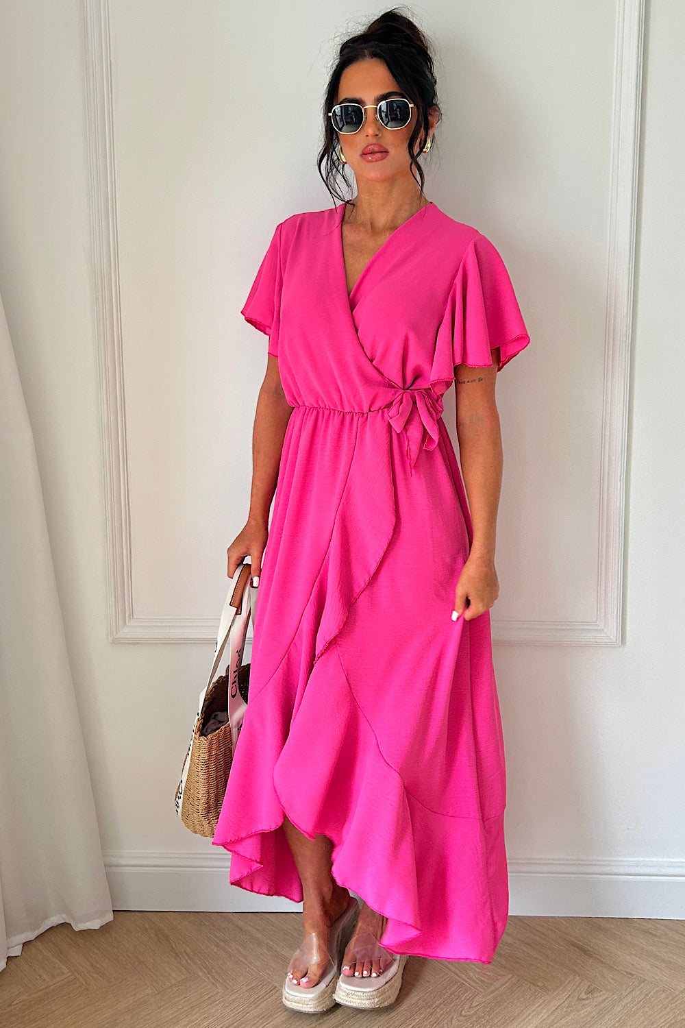 Tyla Pink Chiffon Tie Side Frill Maxi Dress