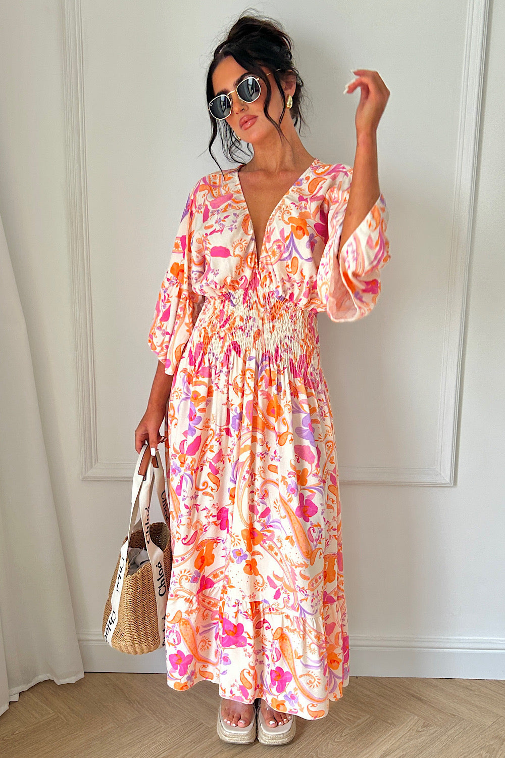 Pink V Front Swirl Maxi Dress