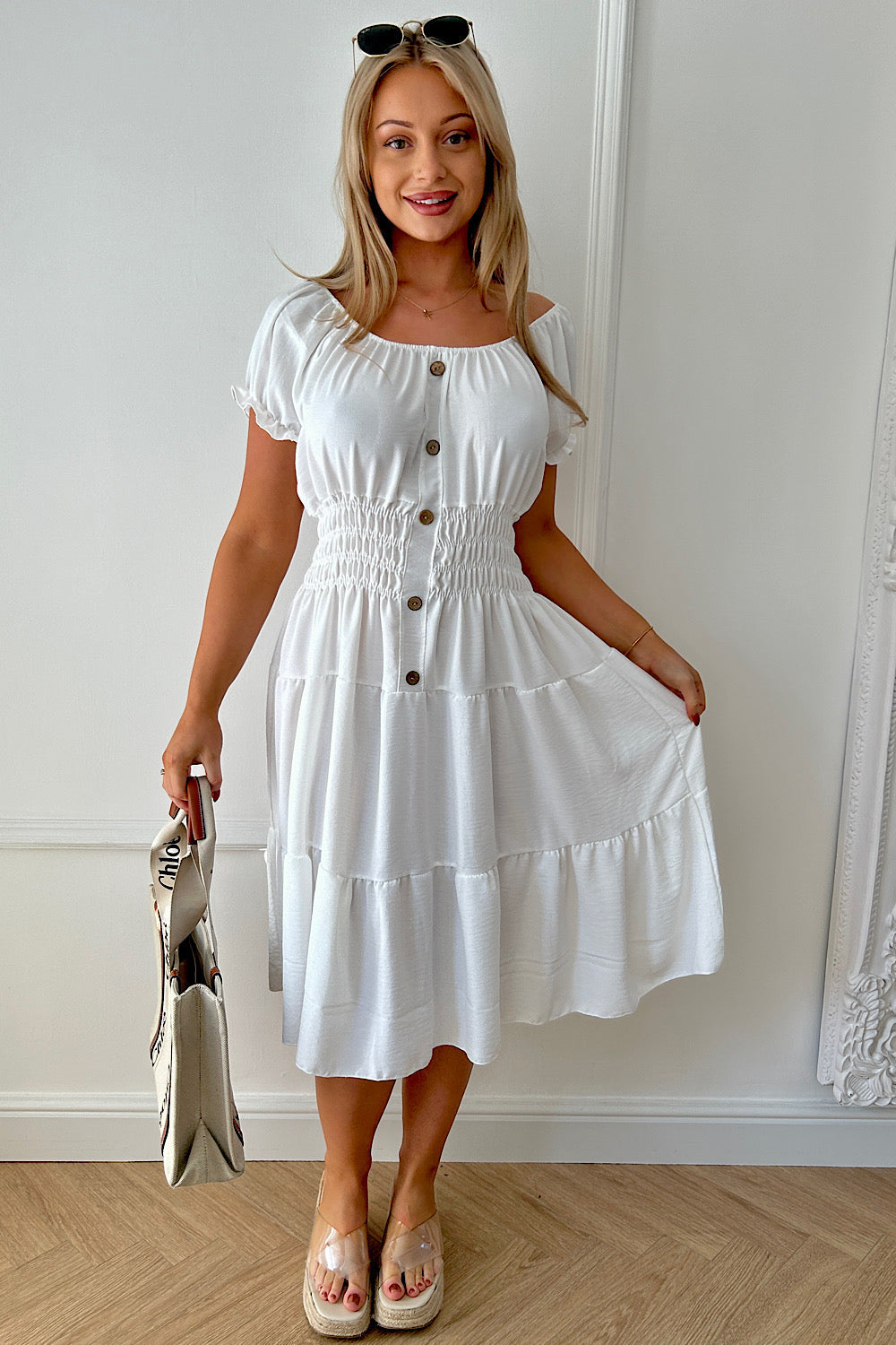 Raylee White Button Midi Dress