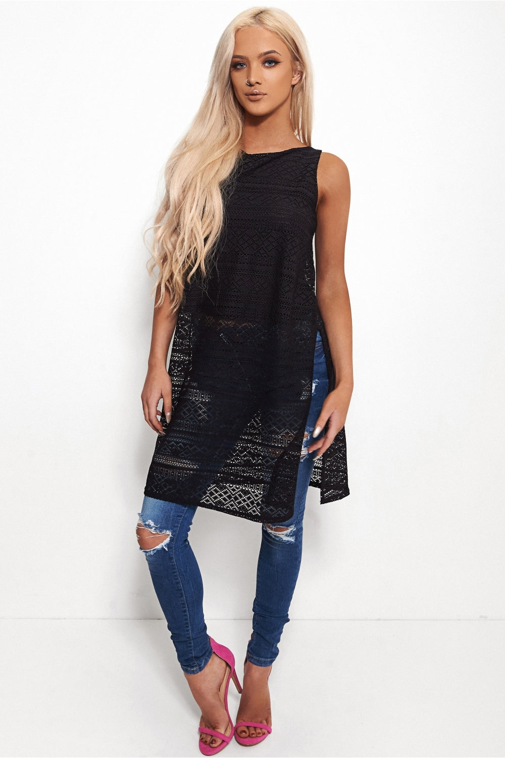 Oversized Side Split Black Lace Top