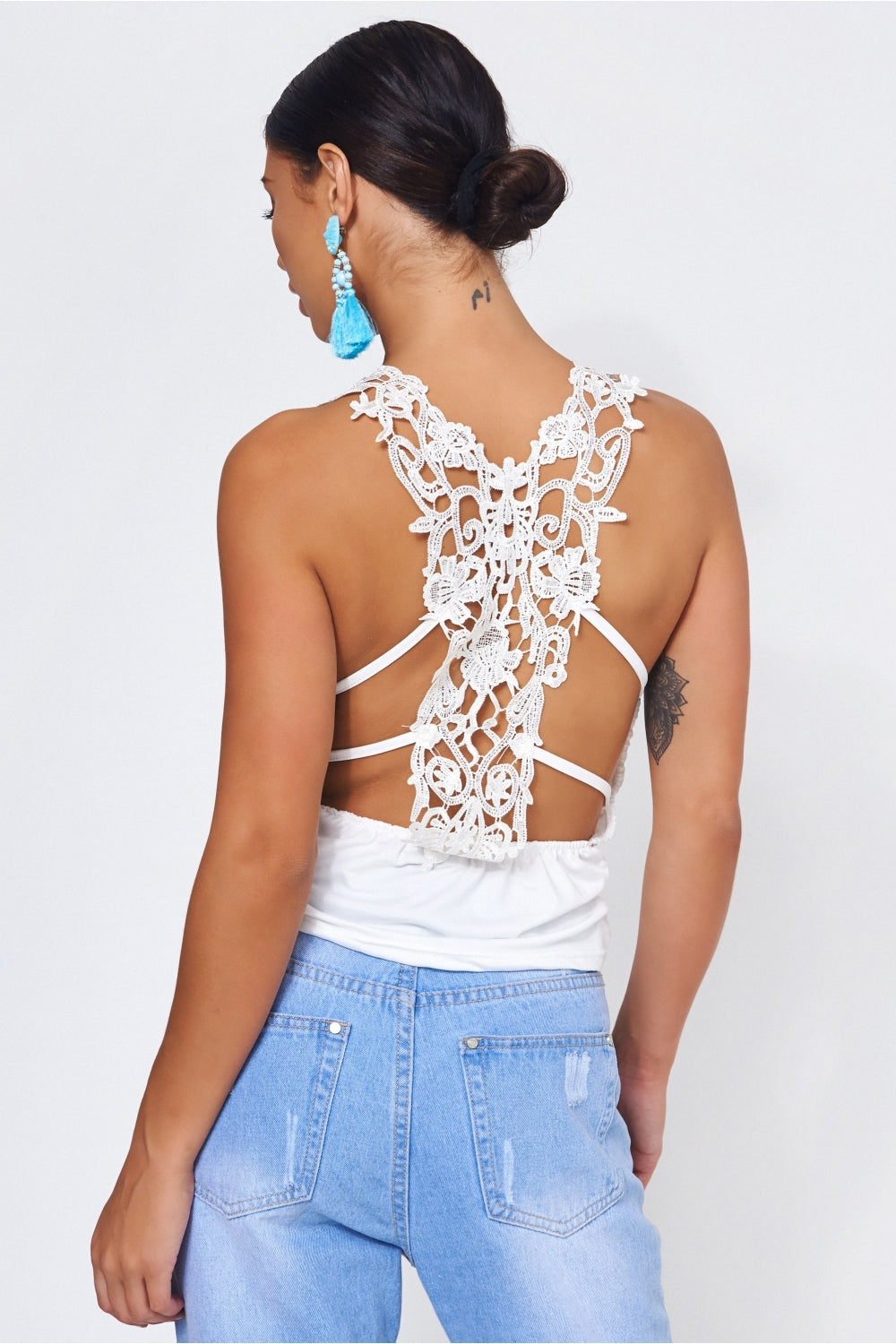Yasmin White Caged Lace Back Top