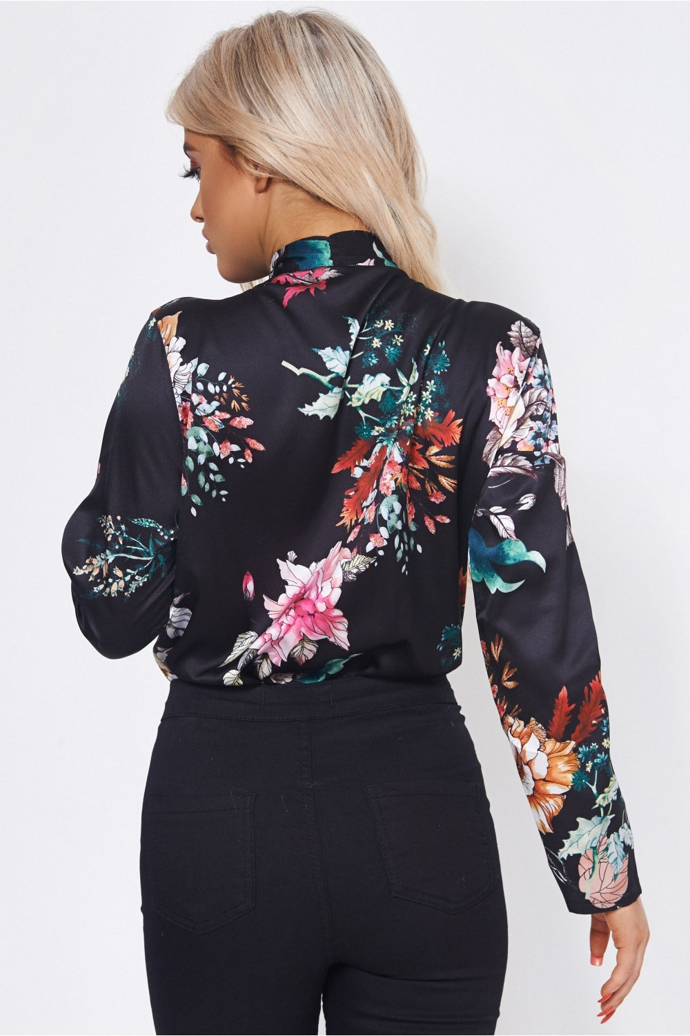 Kiki Black Satin Floral Bodysuit