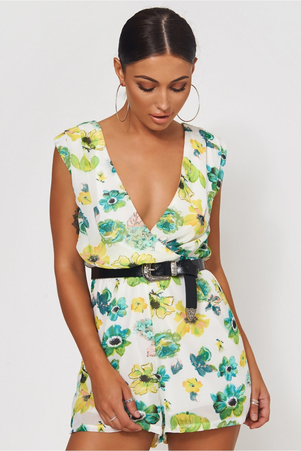Soki Green Chiffon Floral Playsuit