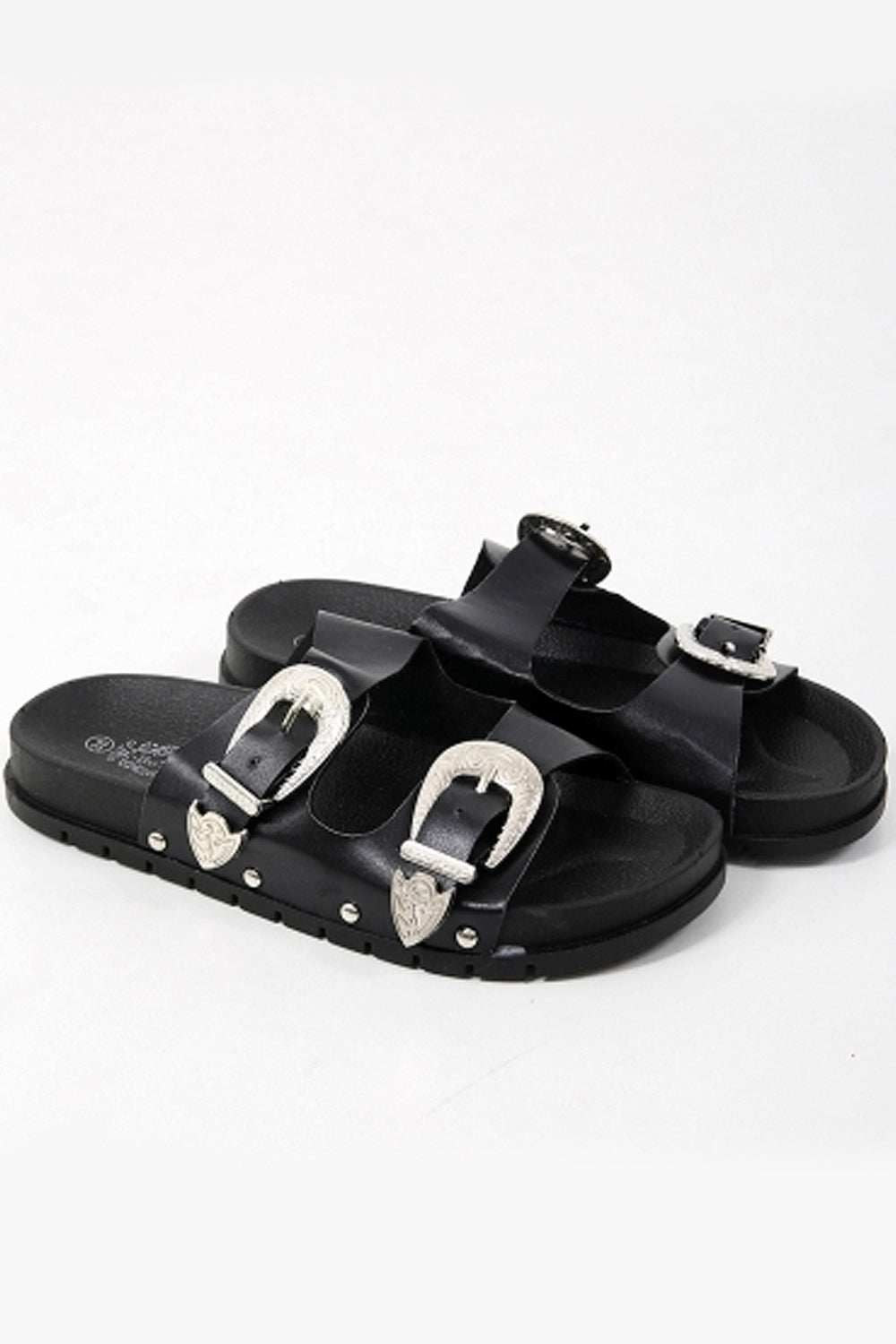 Double Buckle Black Western Sliders
