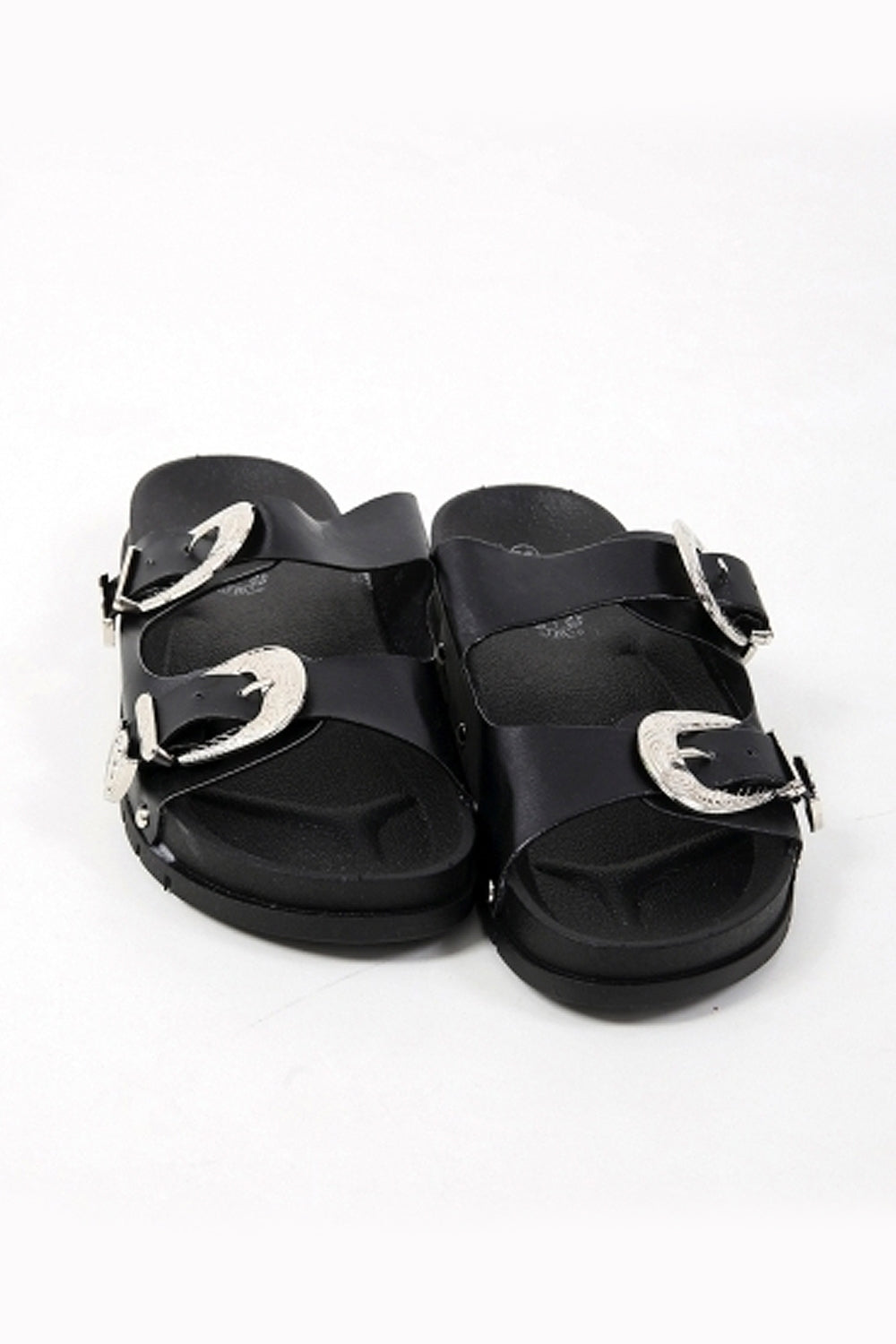 Double Buckle Black Western Sliders