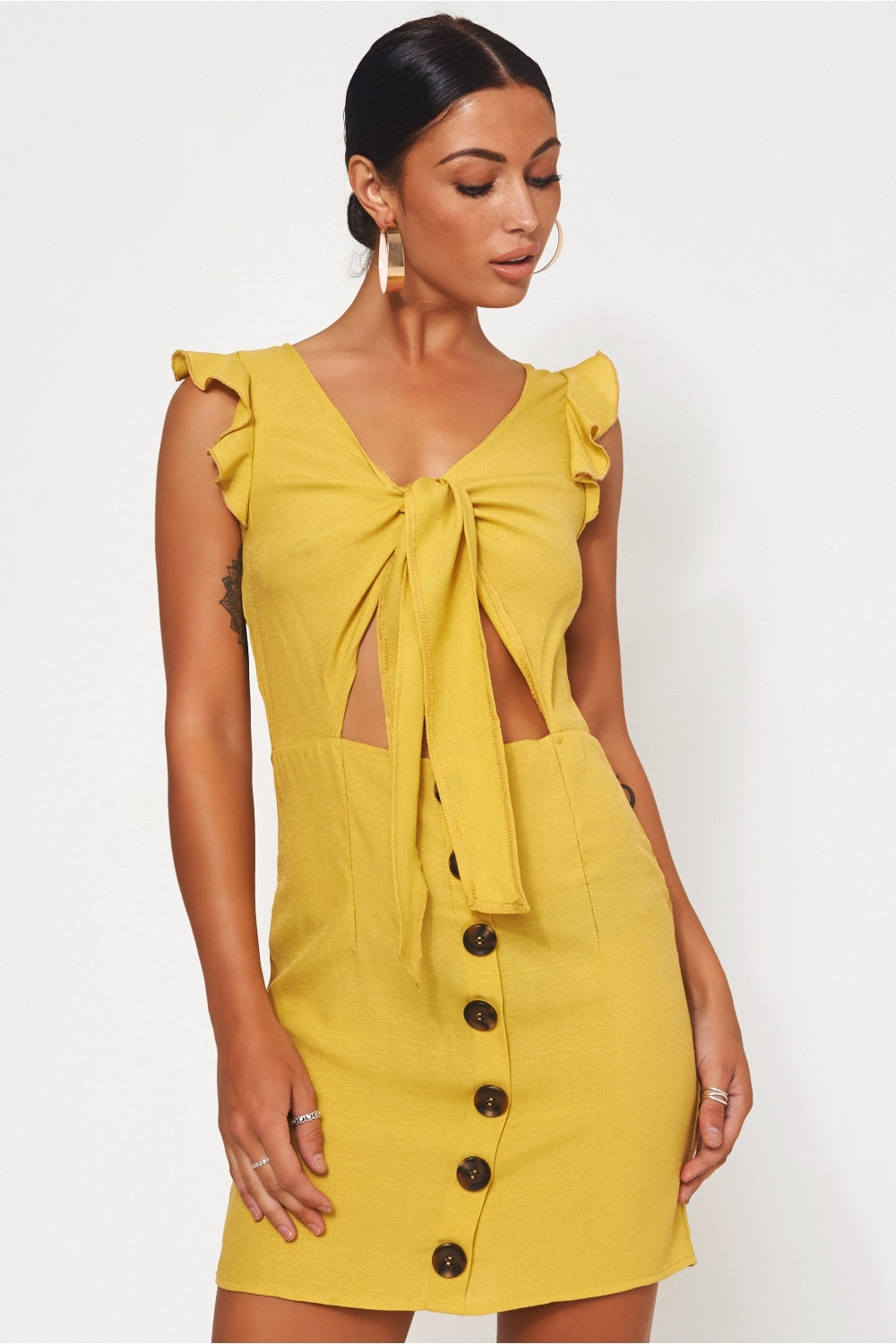 Lula Mustard Tie Front Button Dress