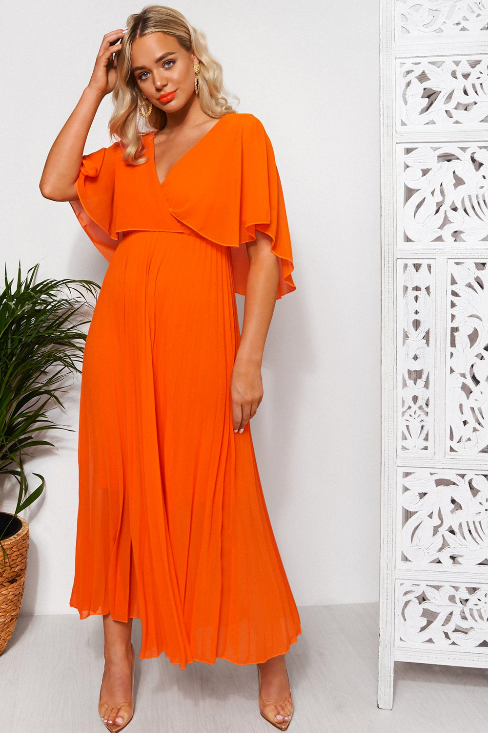 Tama Orange Cape Sleeve Maxi Dress