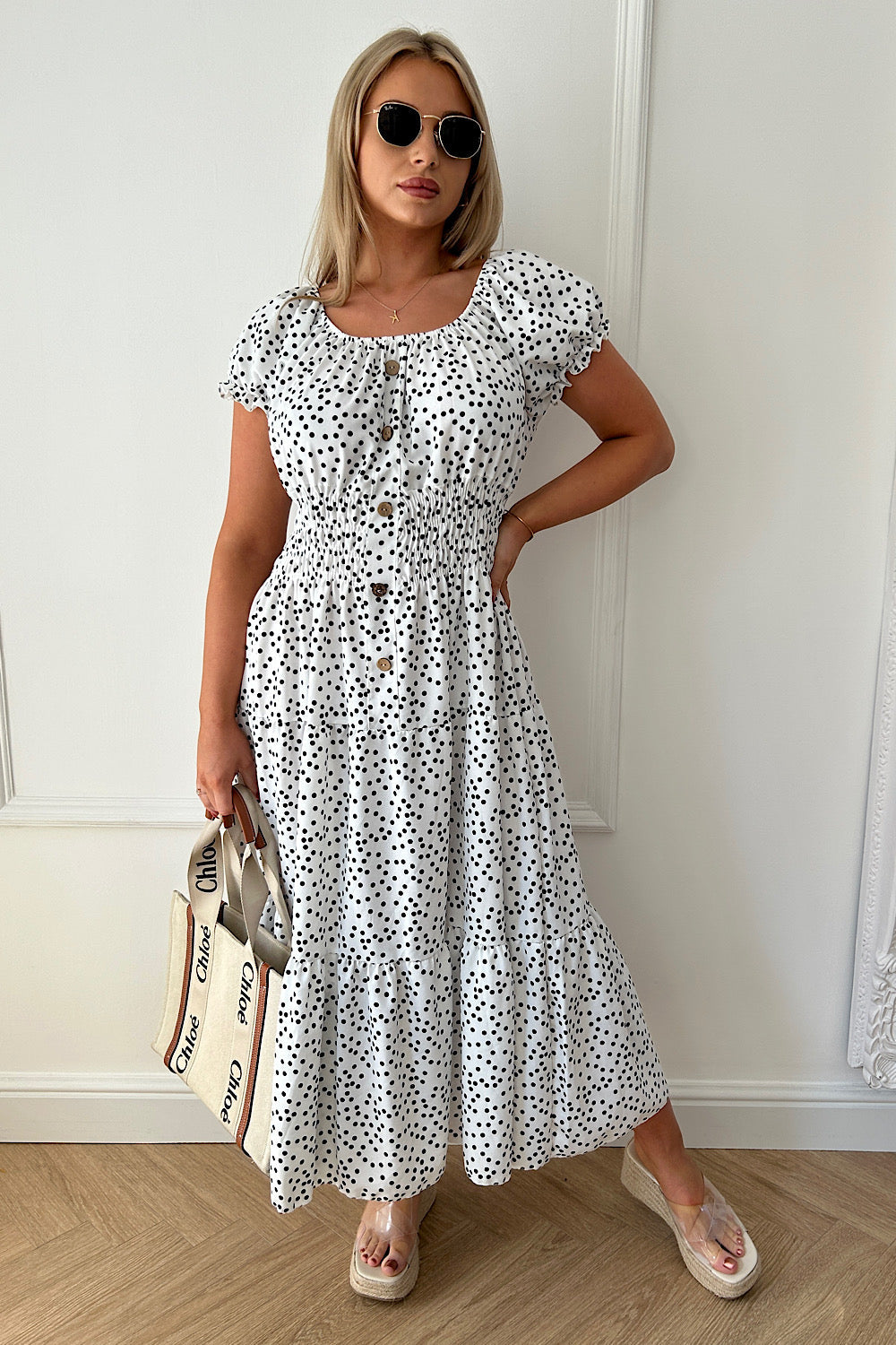 Sian White Polka Dot Button Maxi Dress