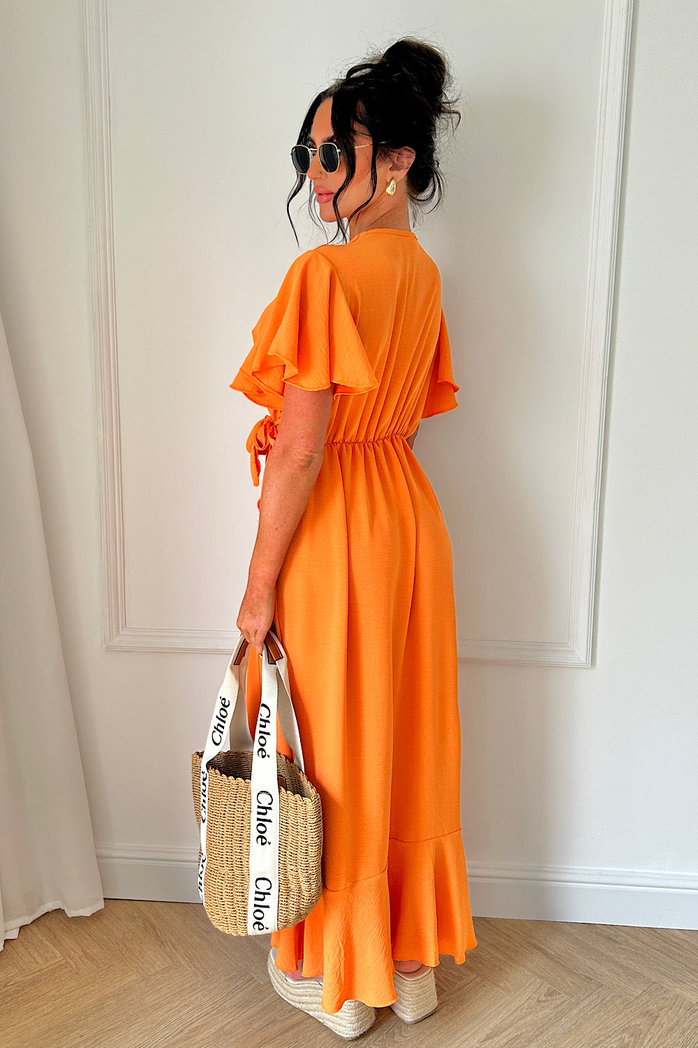 Tyla Orange Chiffon Tie Side Frill Maxi Dress