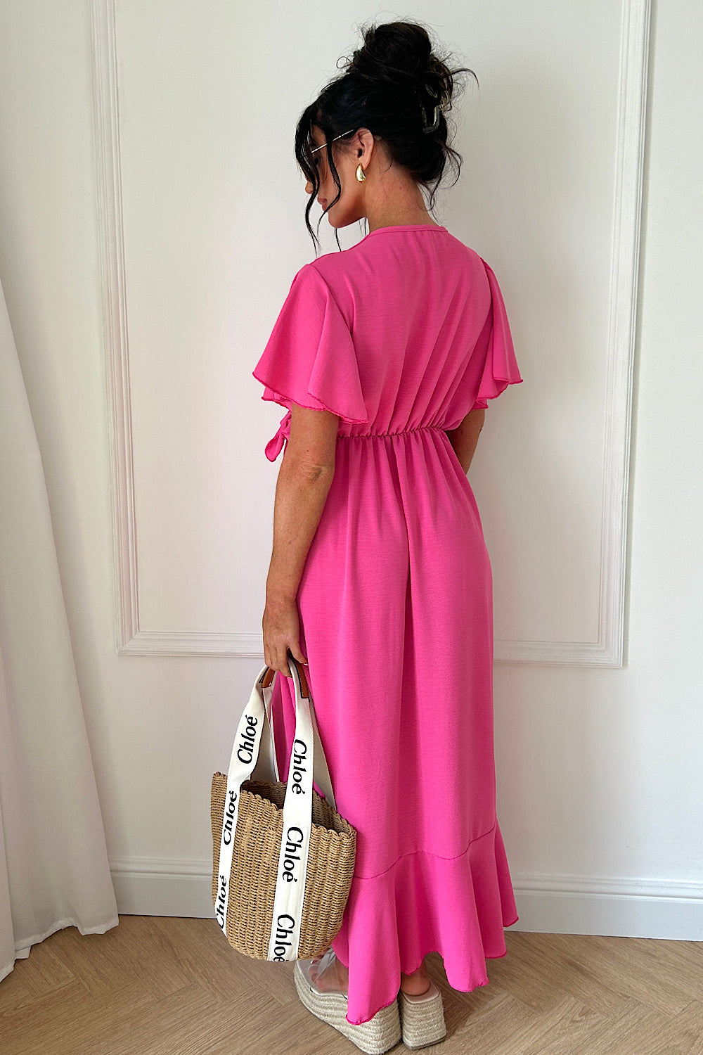 Tyla Pink Chiffon Tie Side Frill Maxi Dress