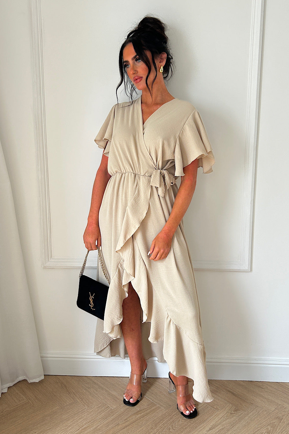Tyla Beige Chiffon Tie Side Frill Maxi Dress
