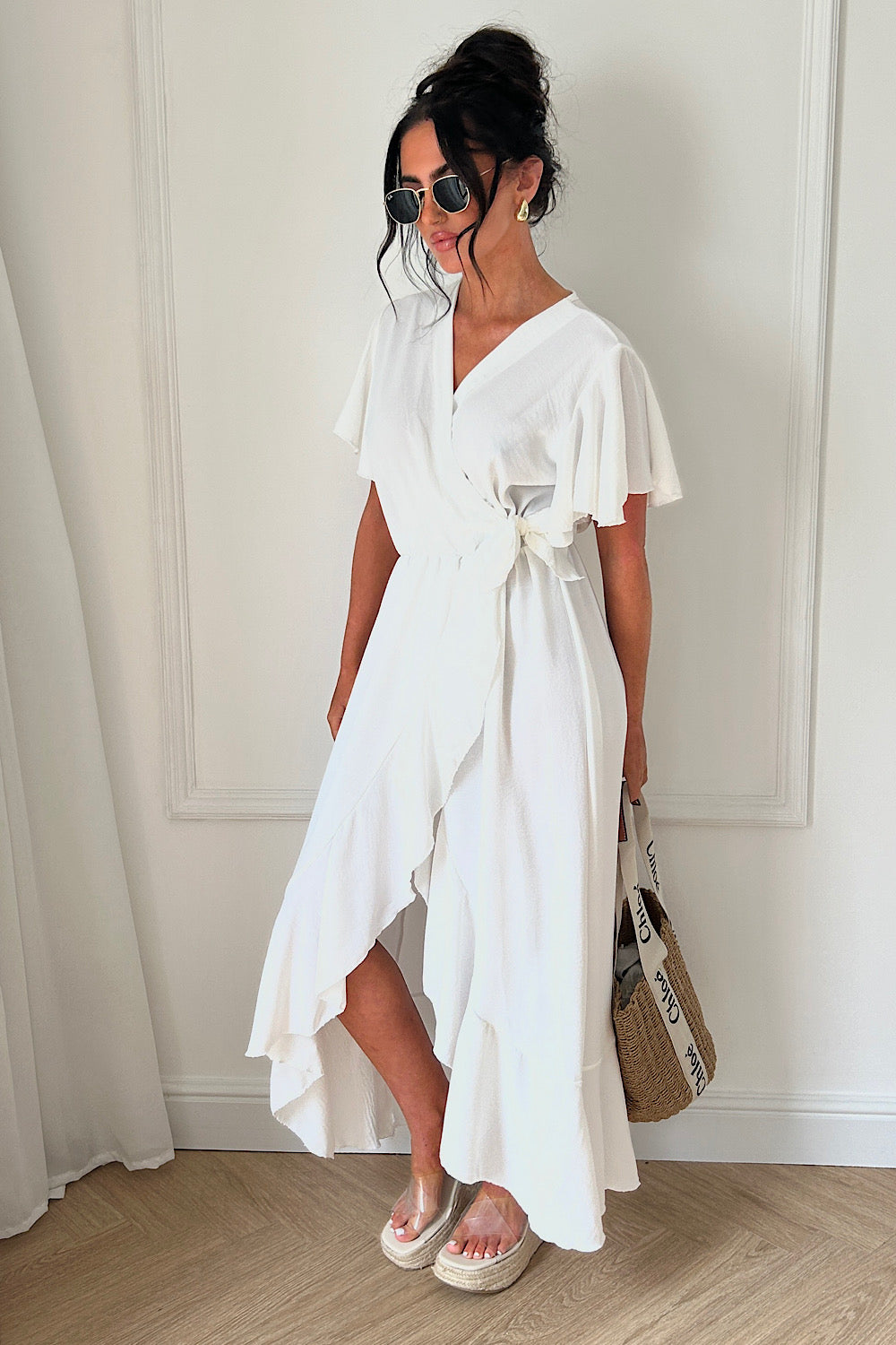 Tyla White Chiffon Tie Side Frill Maxi Dress