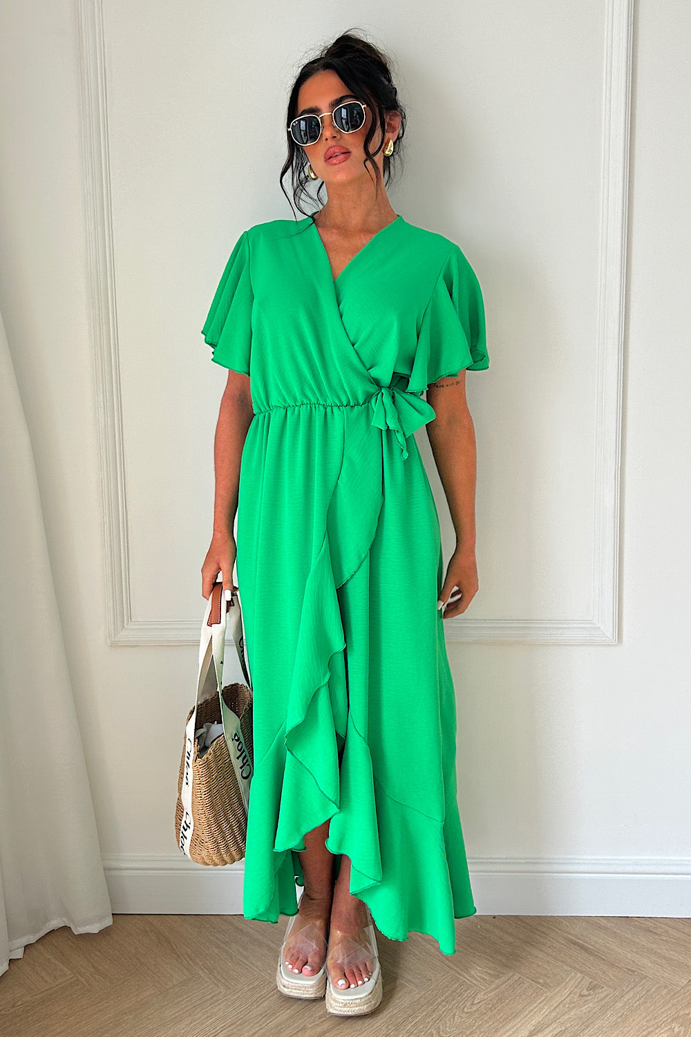 Tyla Green Chiffon Tie Side Frill Maxi Dress