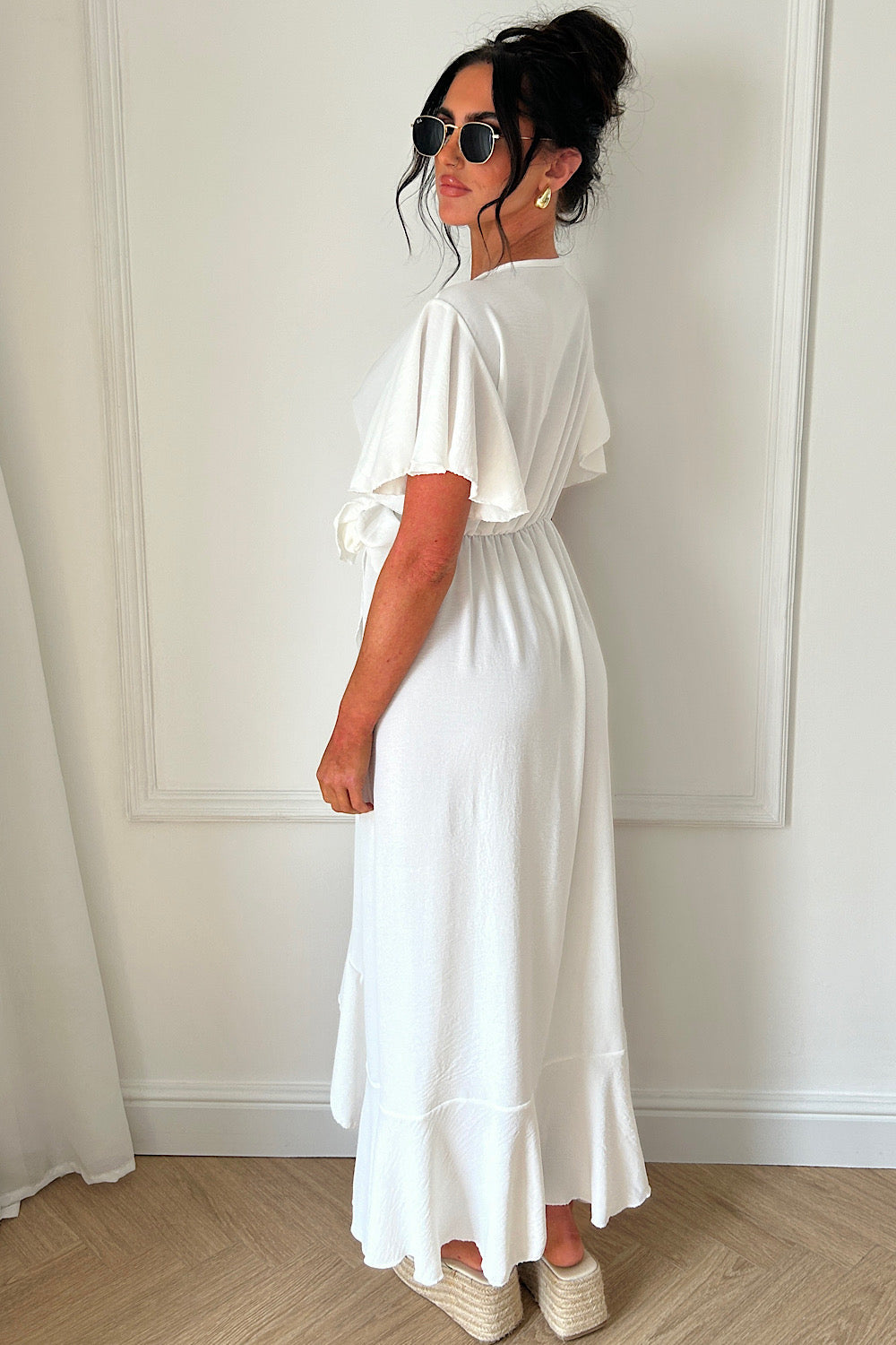 Tyla White Chiffon Tie Side Frill Maxi Dress