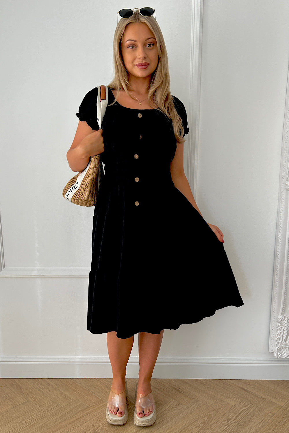 Raylee Black Button Midi Dress