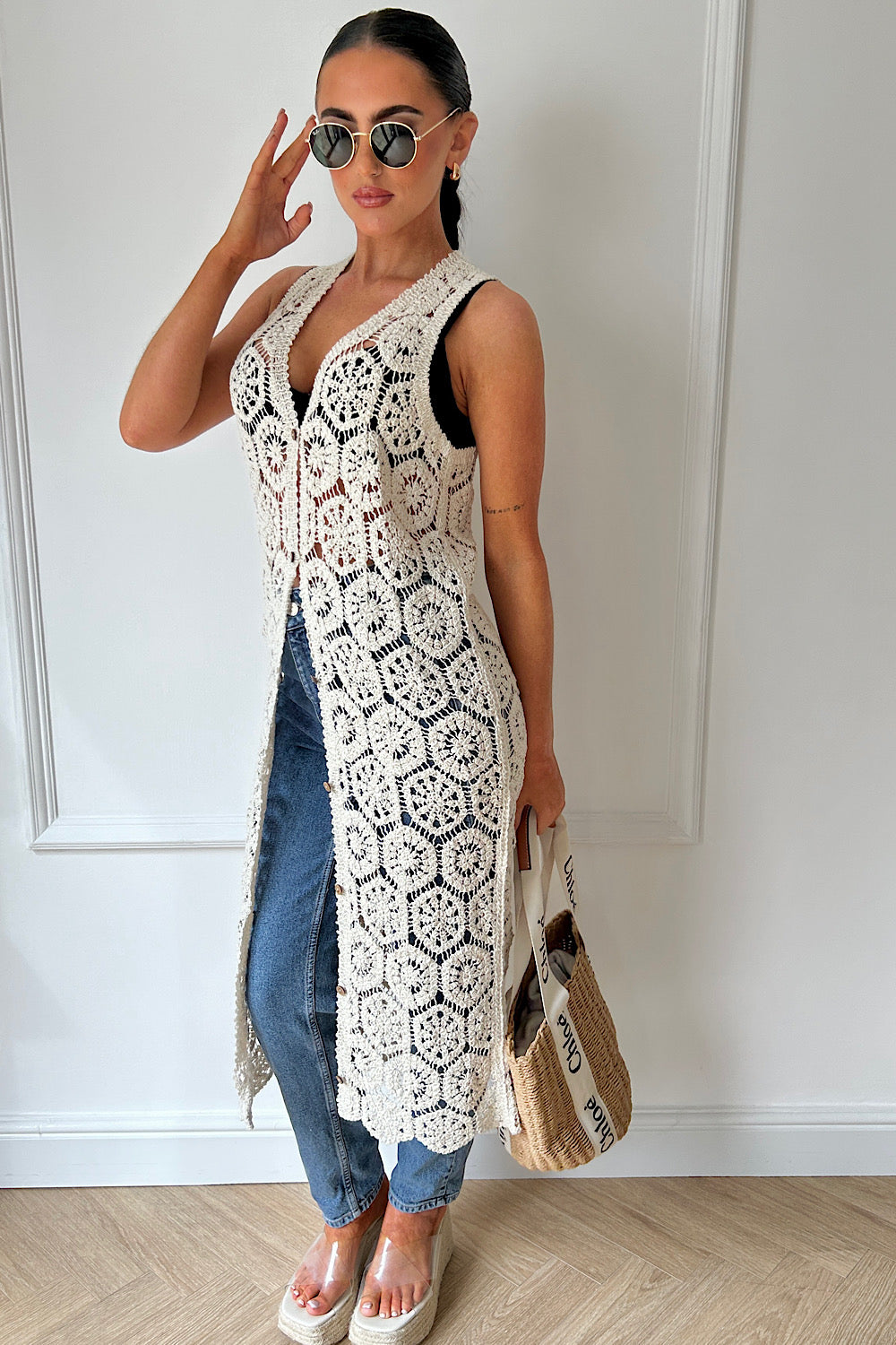 Dahlia Beige Sleeveless Crochet Midi Dress