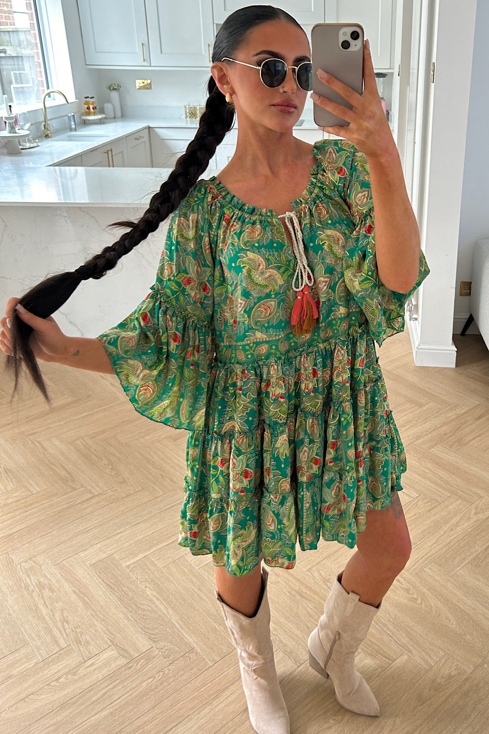 Naya Green Boho Silk Mini Dress