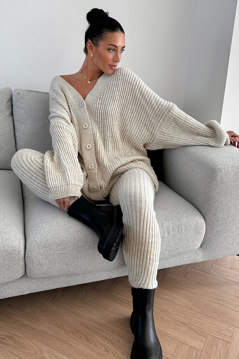 Daisy Beige Plus Cardigan & Leggings Loungewear Set