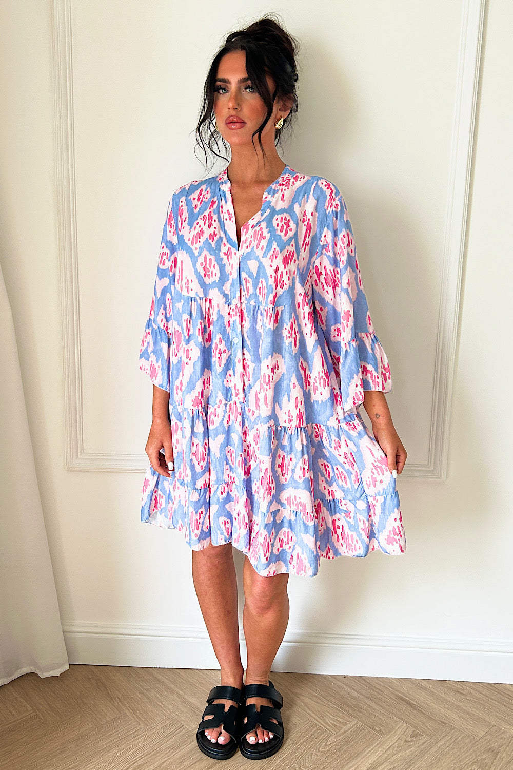 Amber Blue Abstract Button Smock Dress