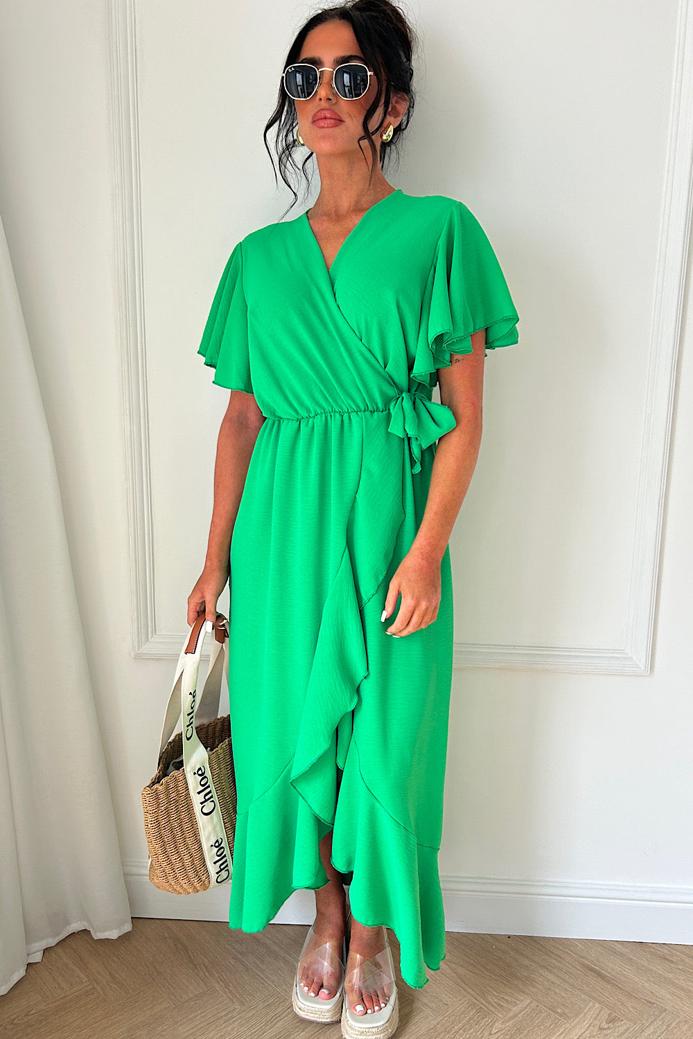 Tyla Green Chiffon Tie Side Frill Maxi Dress