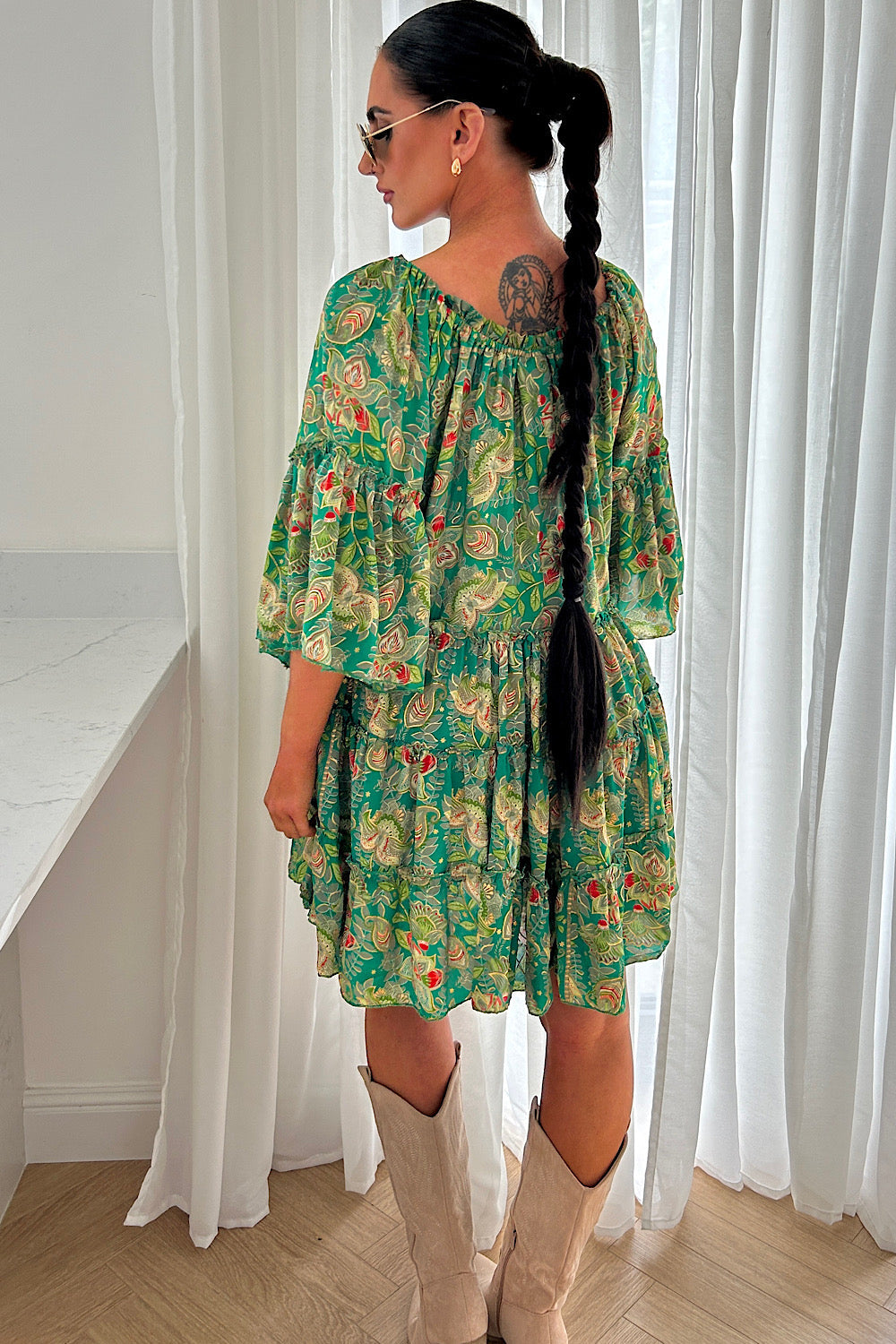 Naya Green Boho Silk Mini Dress