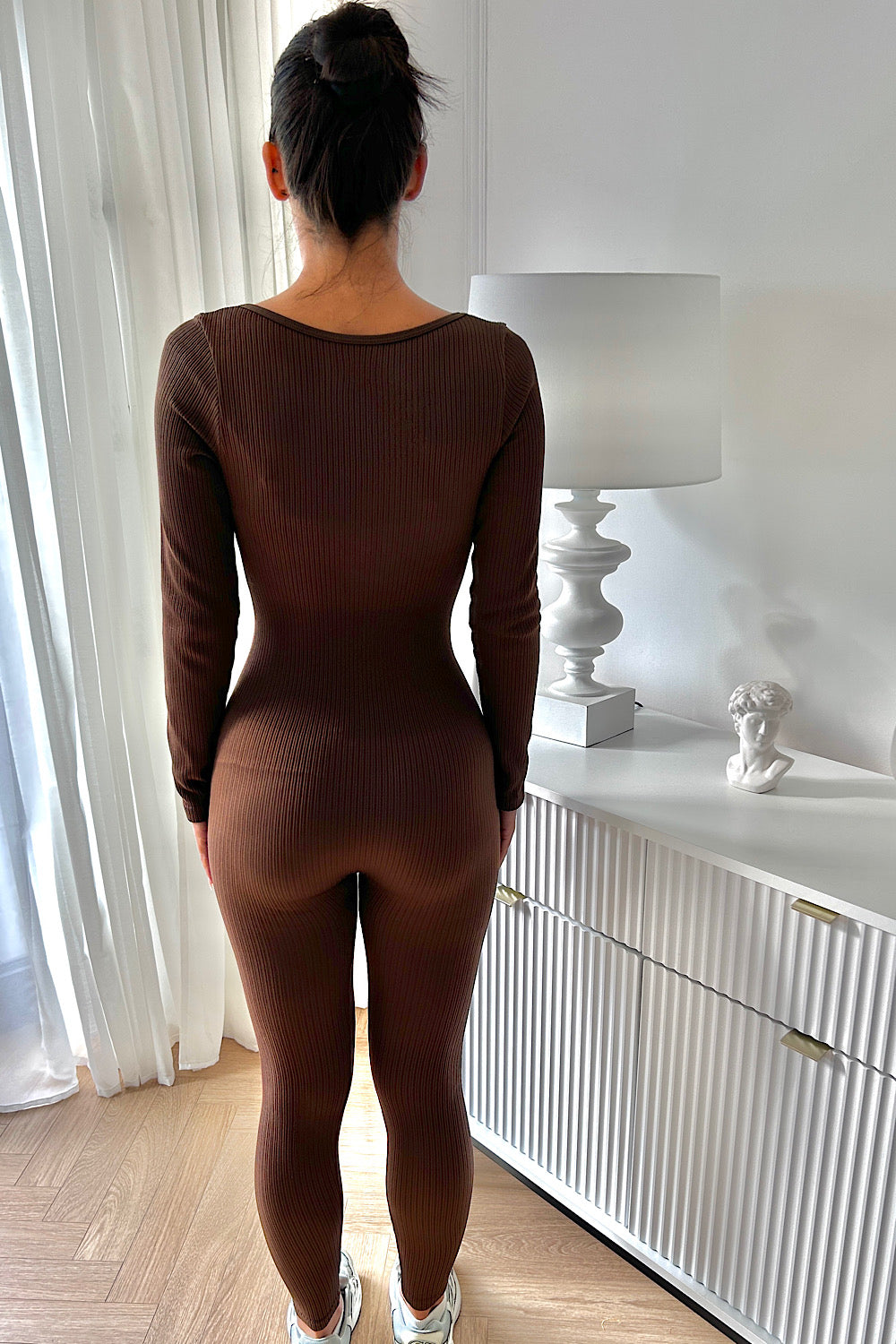 Capri Chocolate Brown Ribbed Long Sleeve Contoured Jumpsuit