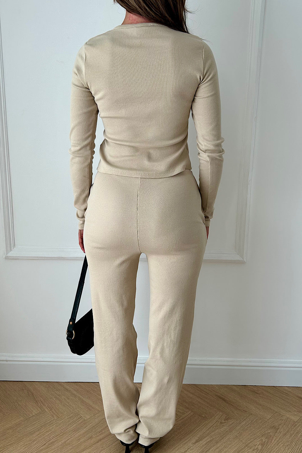 Tia Beige Ribbed Button Trouser Co-ord