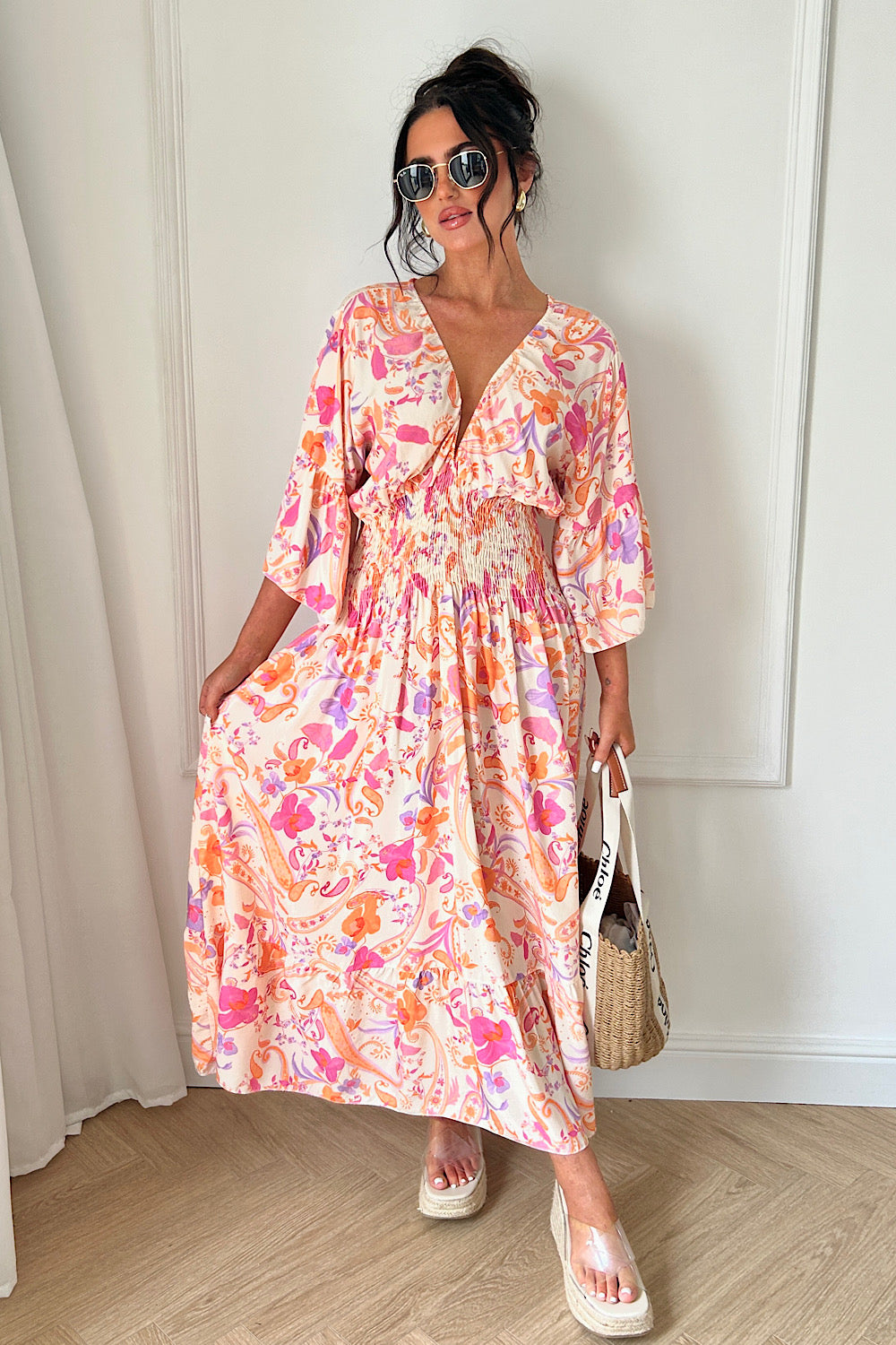 Pink V Front Swirl Maxi Dress