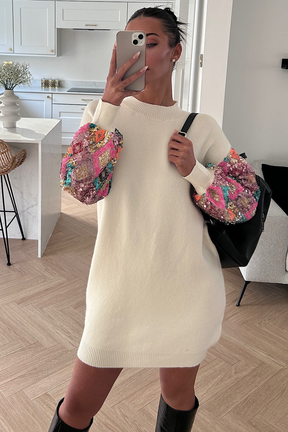 Amele Beige Sequin Jumper Dress