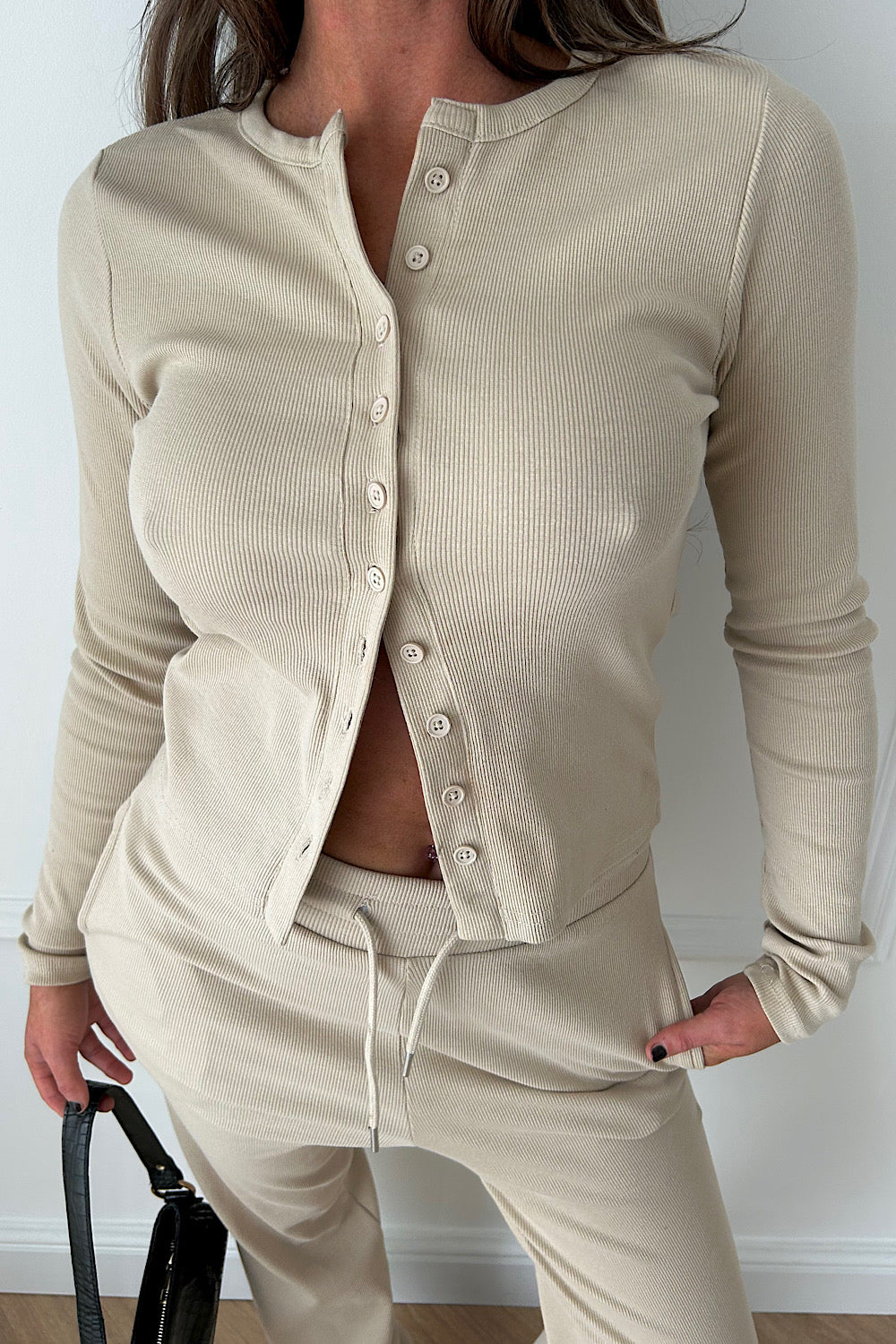 Tia Beige Ribbed Button Trouser Co-ord