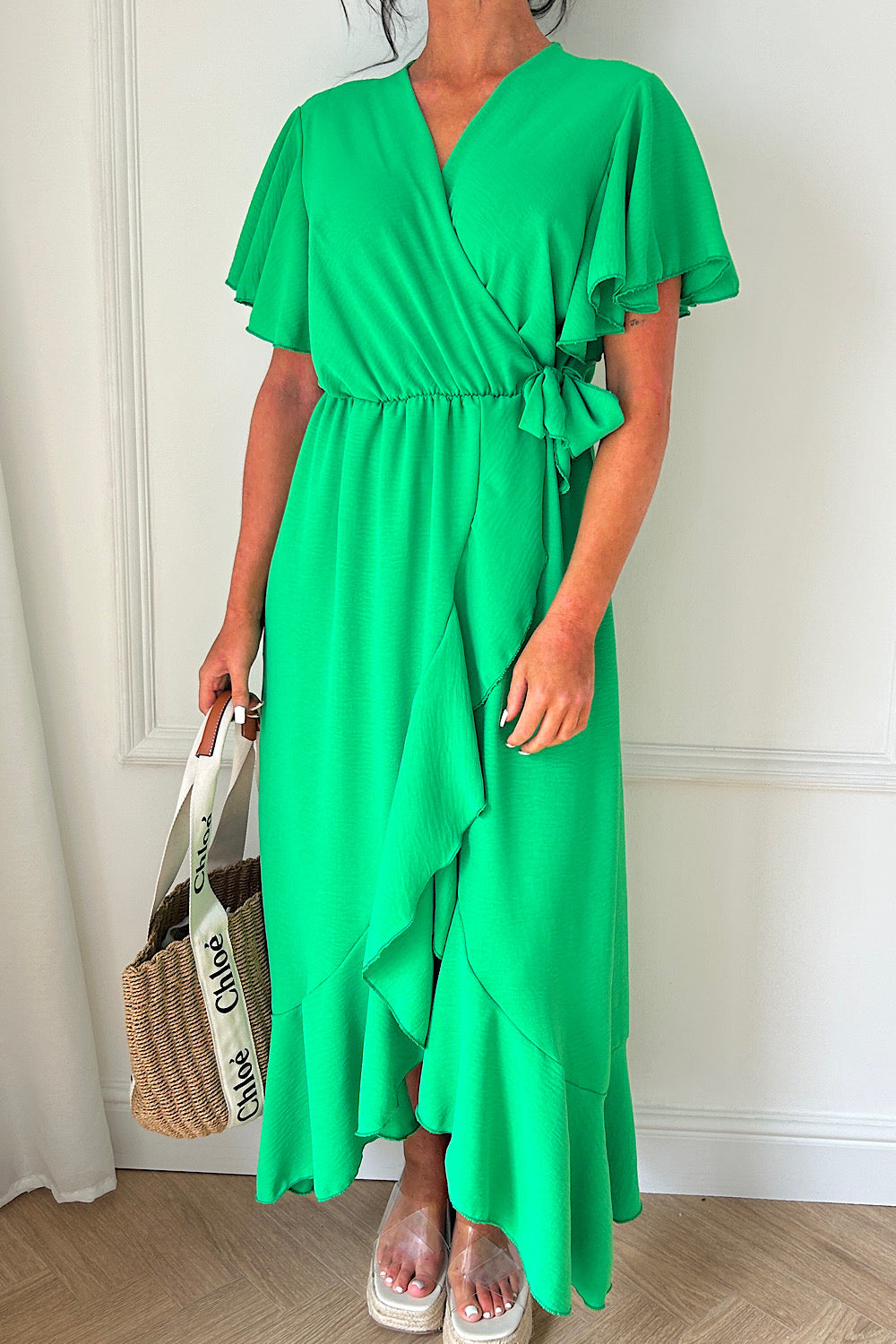 Tyla Green Chiffon Tie Side Frill Maxi Dress