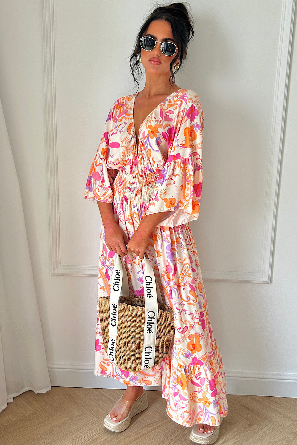 Pink V Front Swirl Maxi Dress