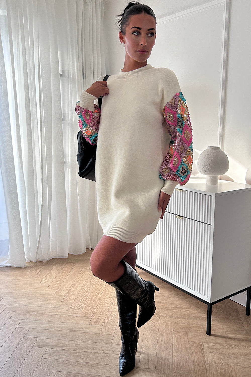 Amele Beige Sequin Jumper Dress