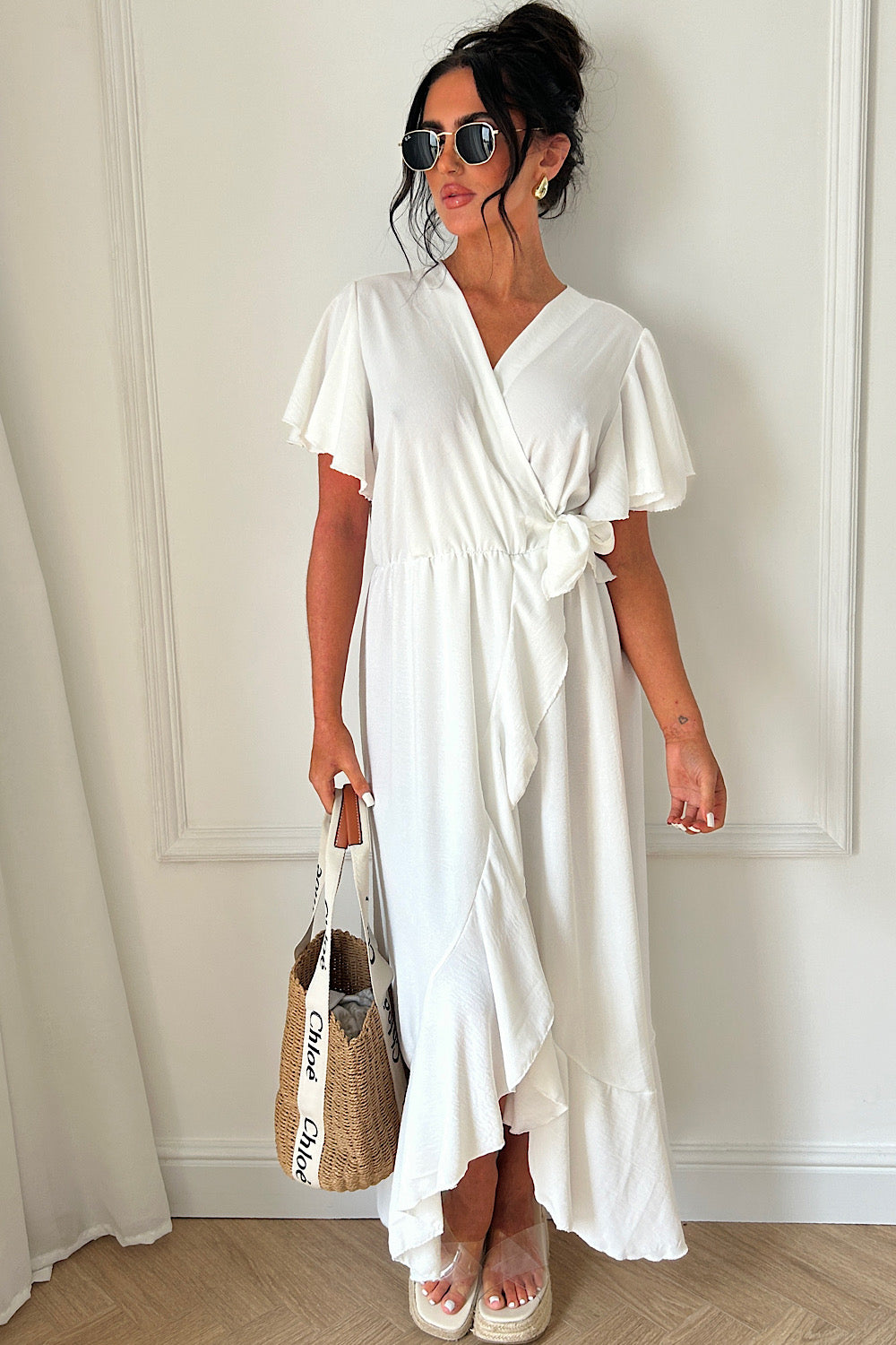 Tyla White Chiffon Tie Side Frill Maxi Dress