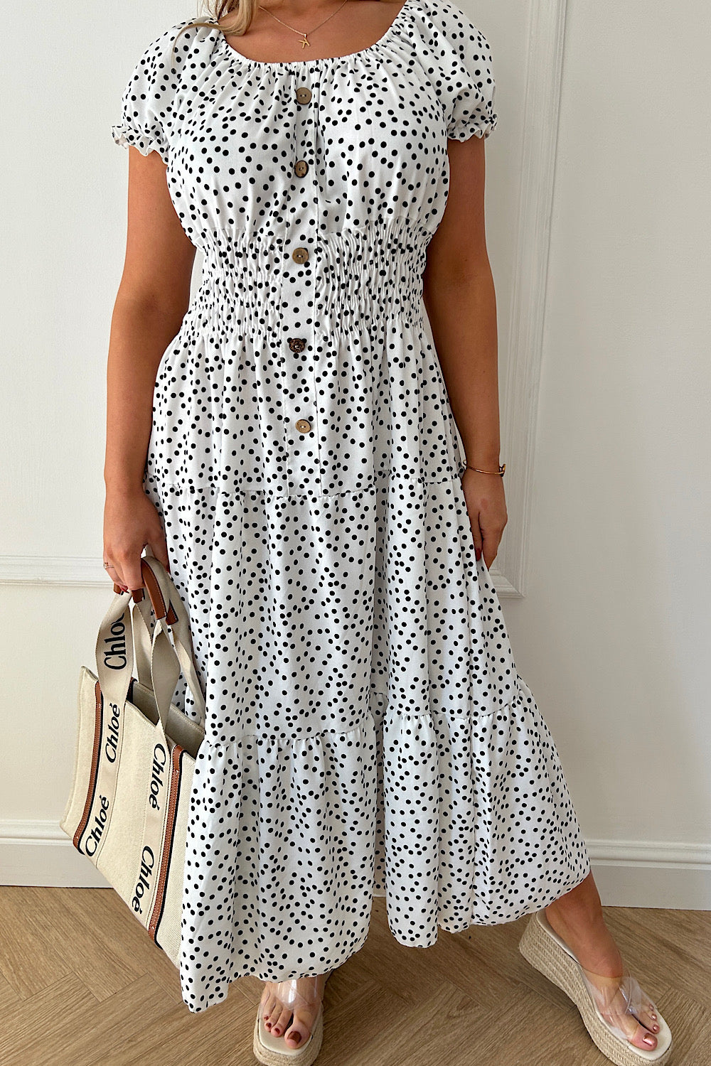 Sian White Polka Dot Button Maxi Dress