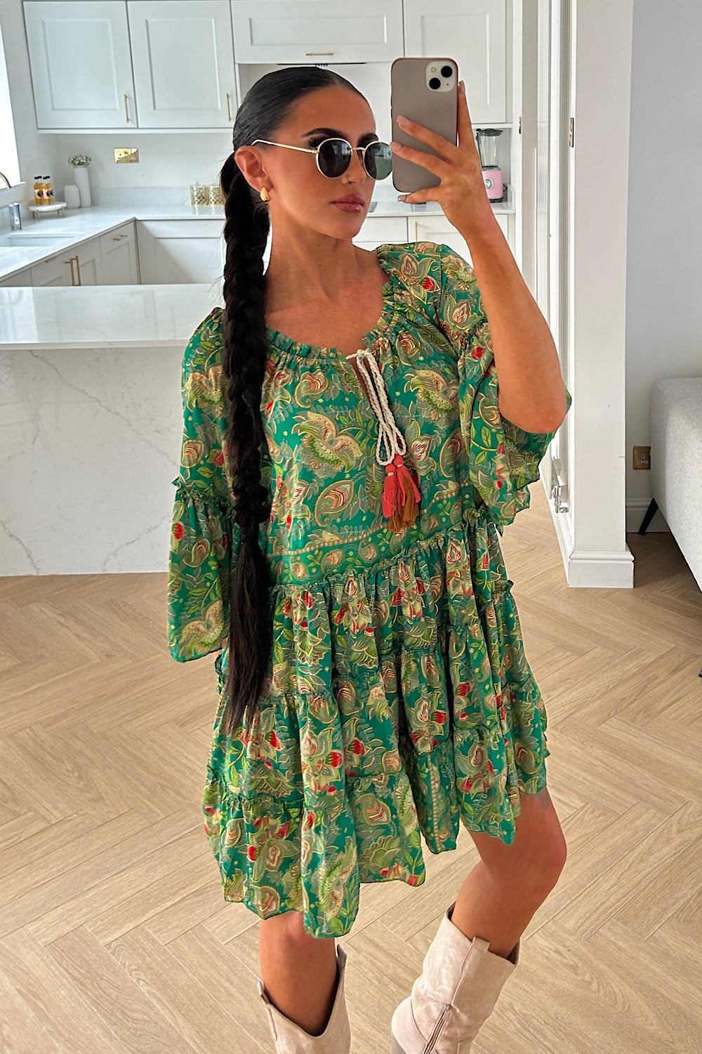 Naya Green Boho Silk Mini Dress