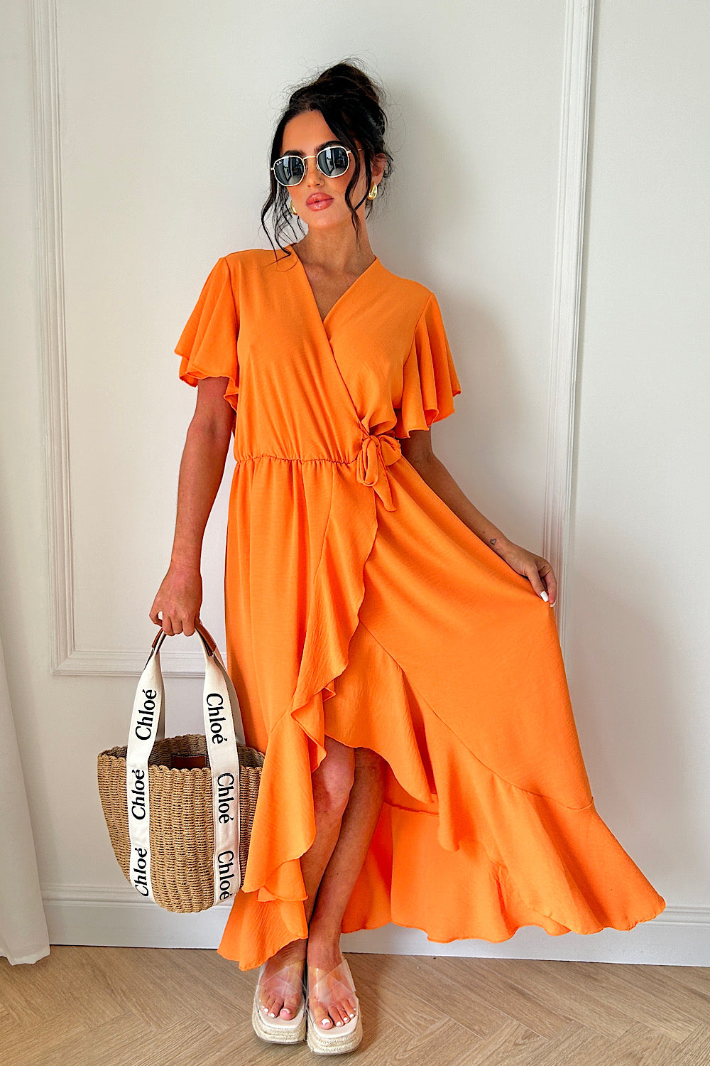 Tyla Orange Chiffon Tie Side Frill Maxi Dress