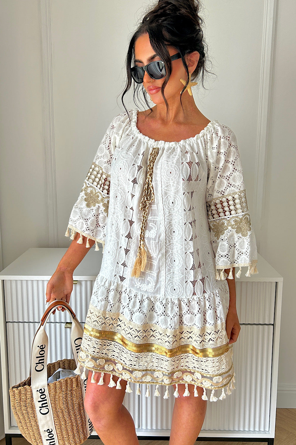 Hudson Gold Boho Crochet Tassel Dress