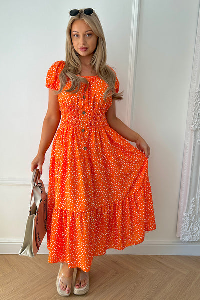 Sian Orange Polka Dot Button Maxi Dress