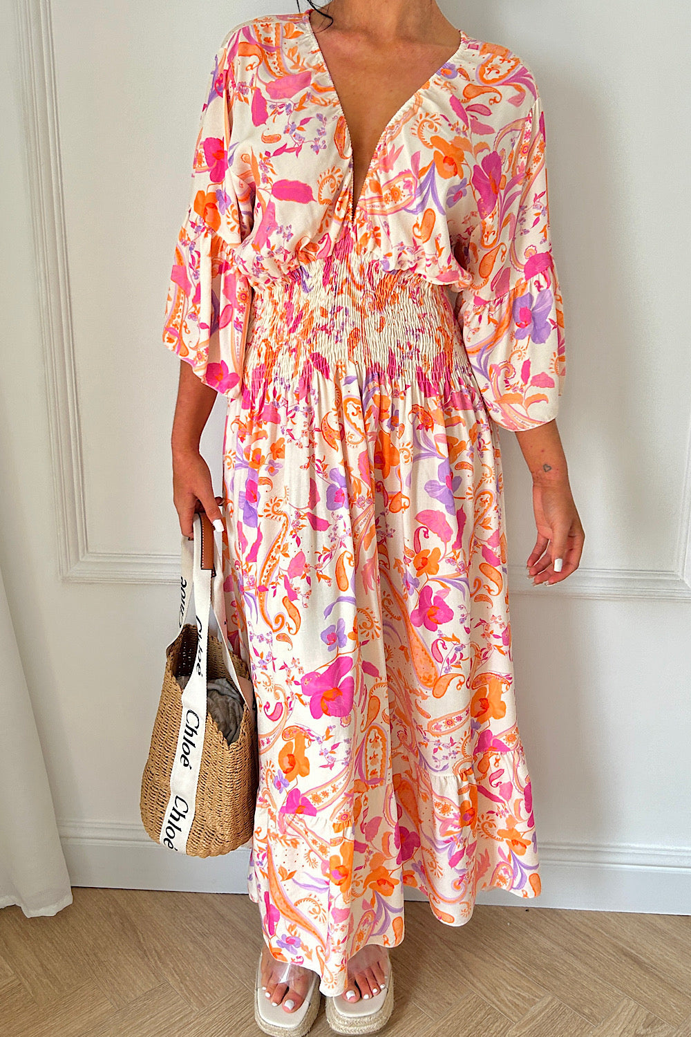 Pink V Front Swirl Maxi Dress
