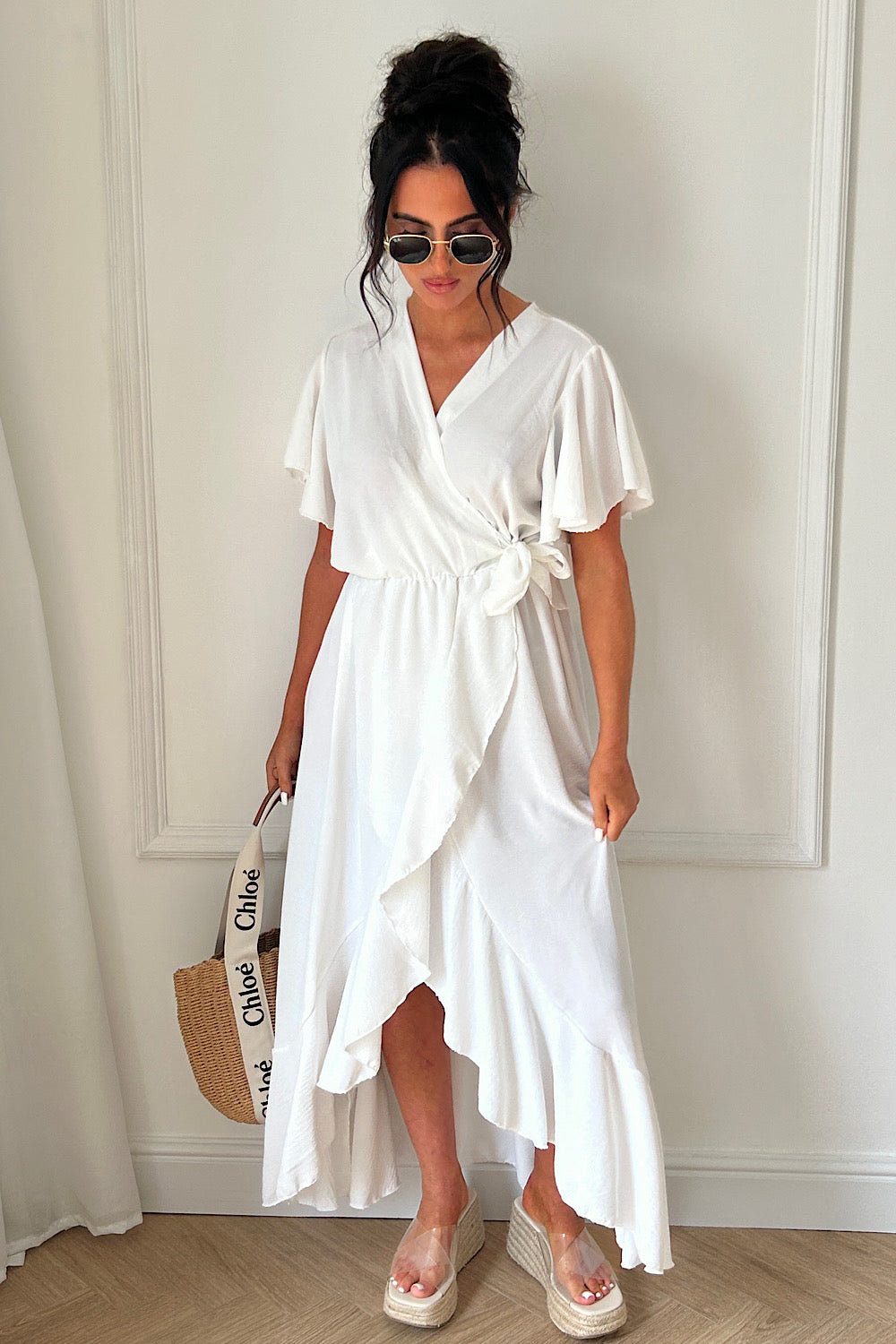 Tyla White Chiffon Tie Side Frill Maxi Dress