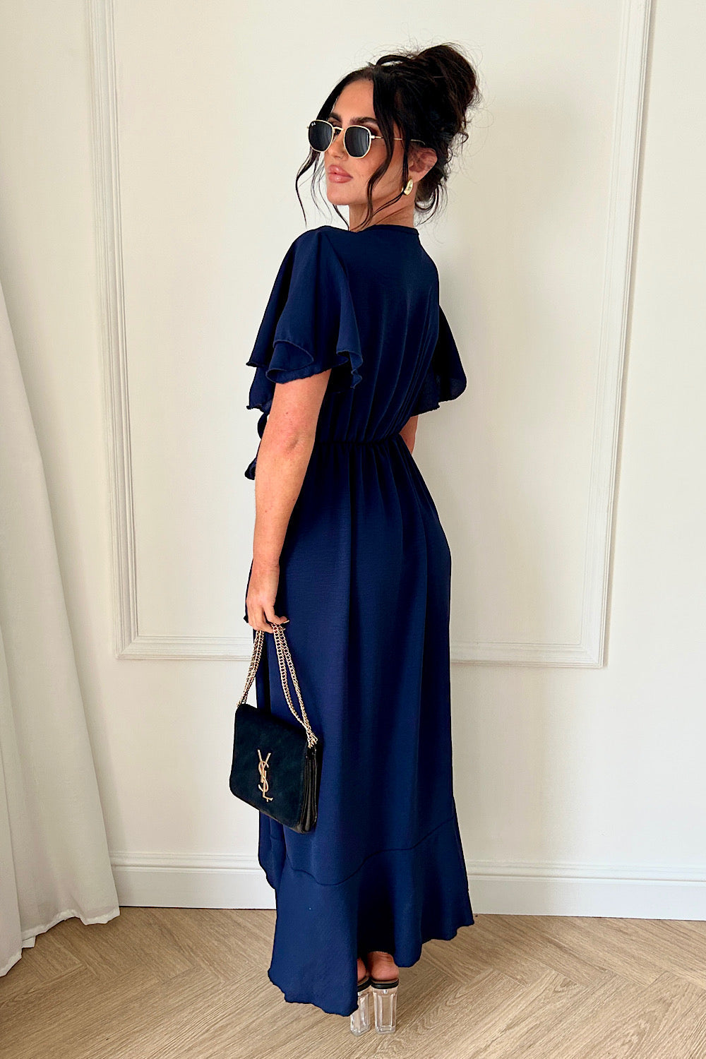 Tyla Navy Blue Chiffon Tie Side Frill Maxi Dress