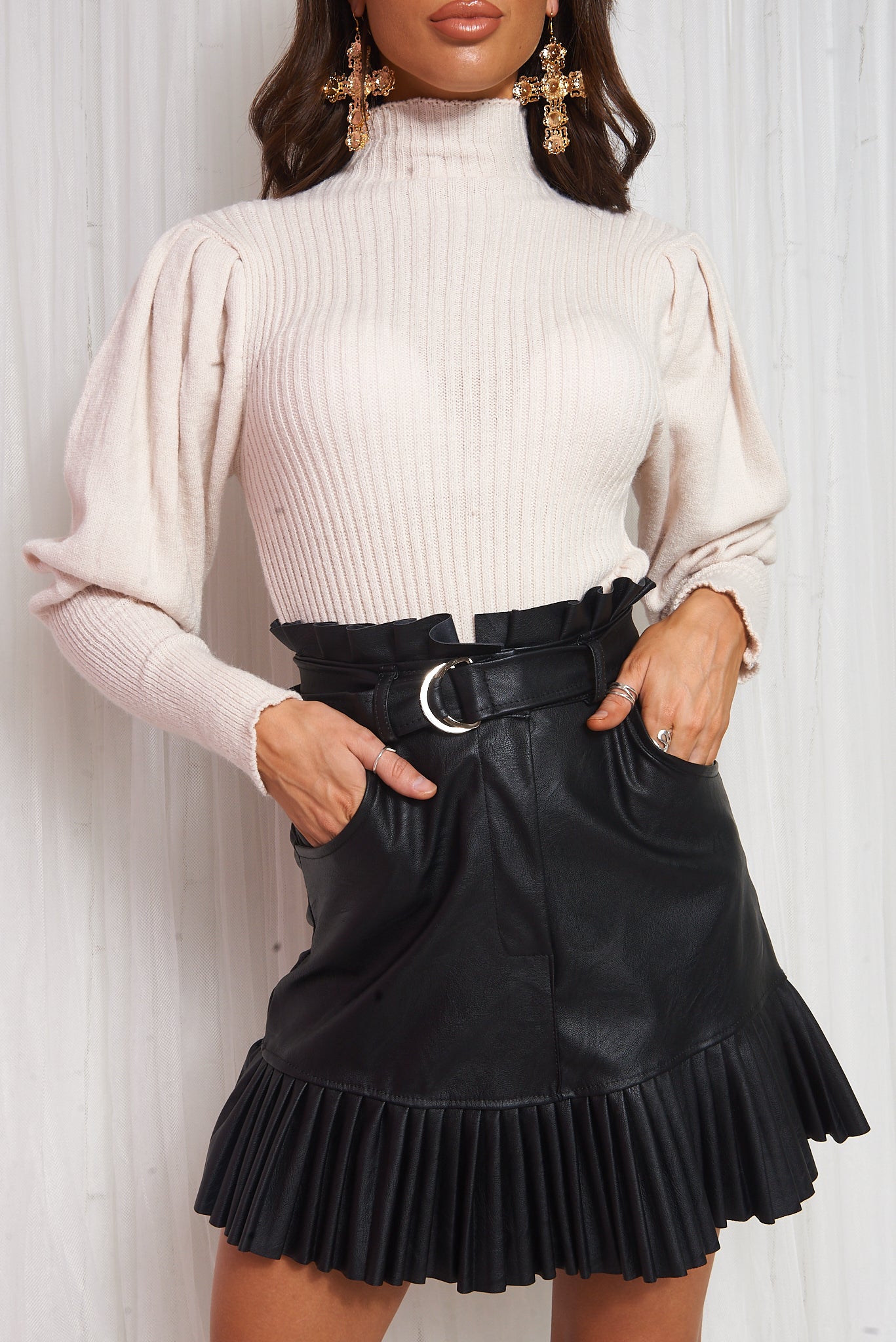 Beige Puff Sleeve High Neck Jumper