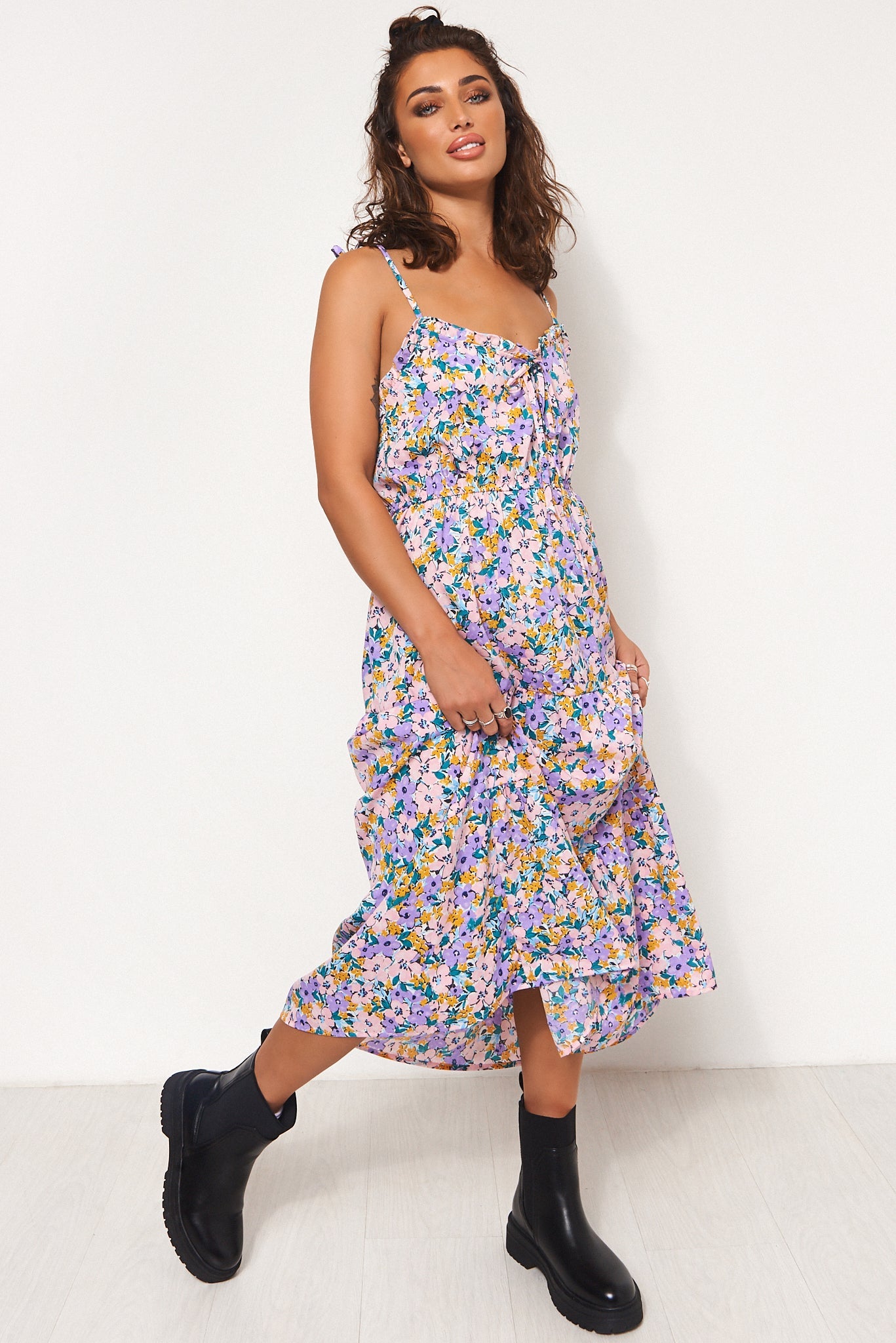 Lilac Floral Strappy Tie Shoulder Midi Dress Lilac Floral Strappy Tie Shoulder Midi Dress