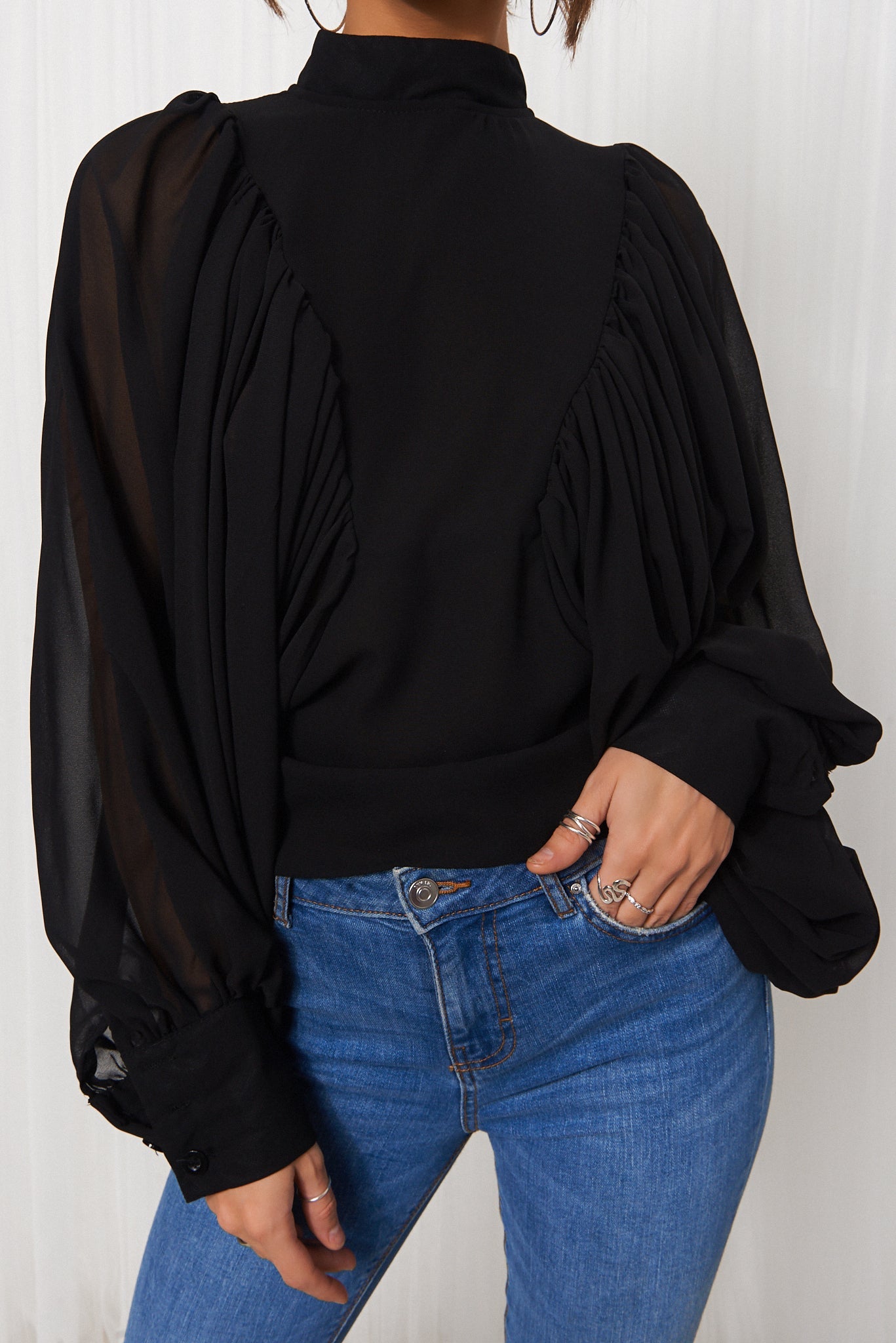 Black Chiffon Angel Sleeve Blouse