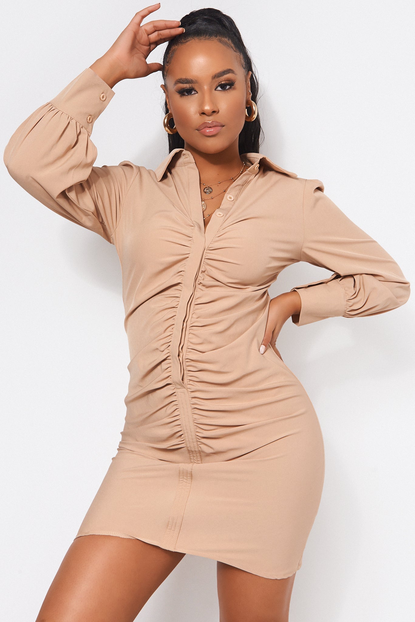 Hayley Beige Ruched Front Shirt Dress