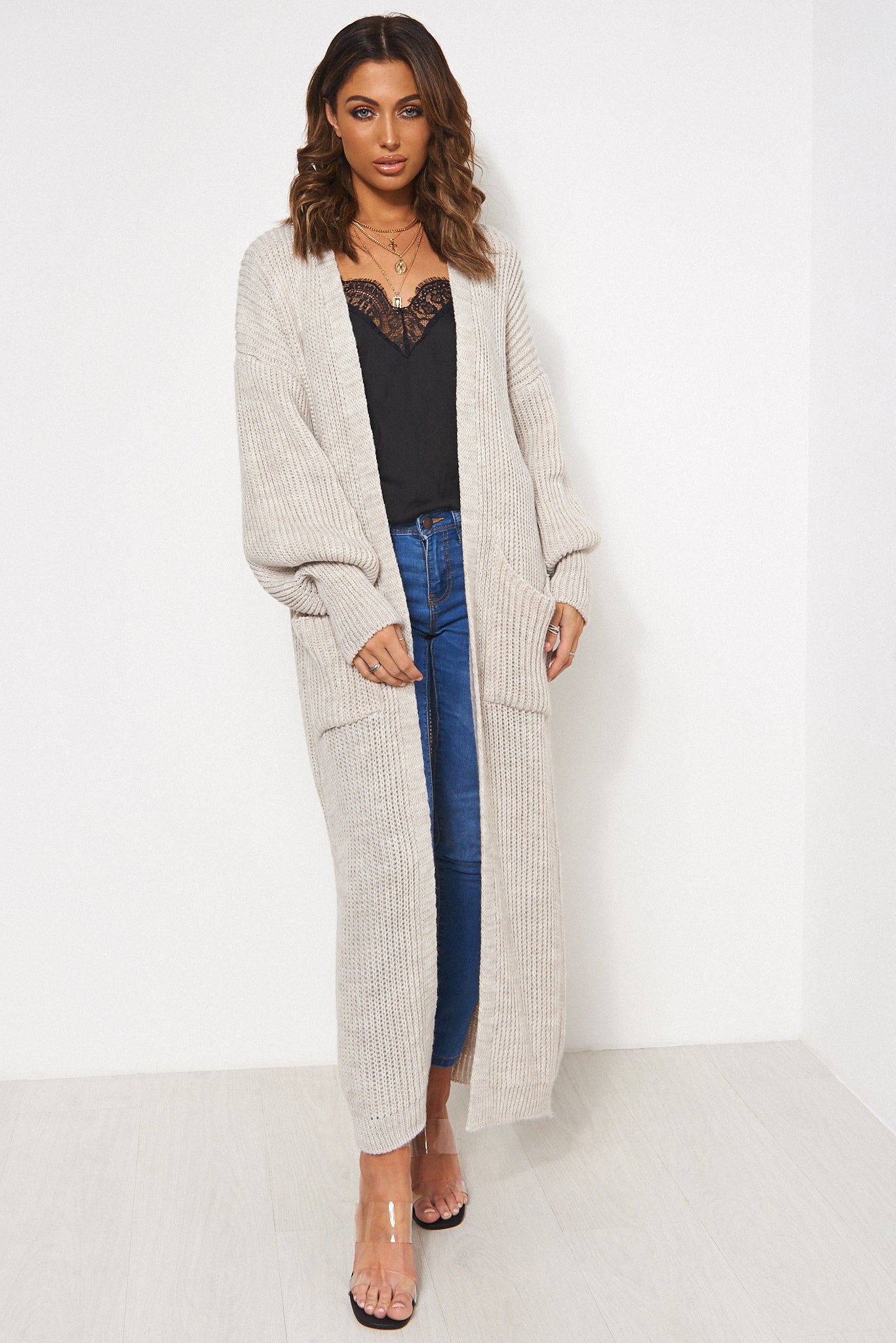 Bren Beige Oversized Balloon Sleeve Long Maxi Cardigan