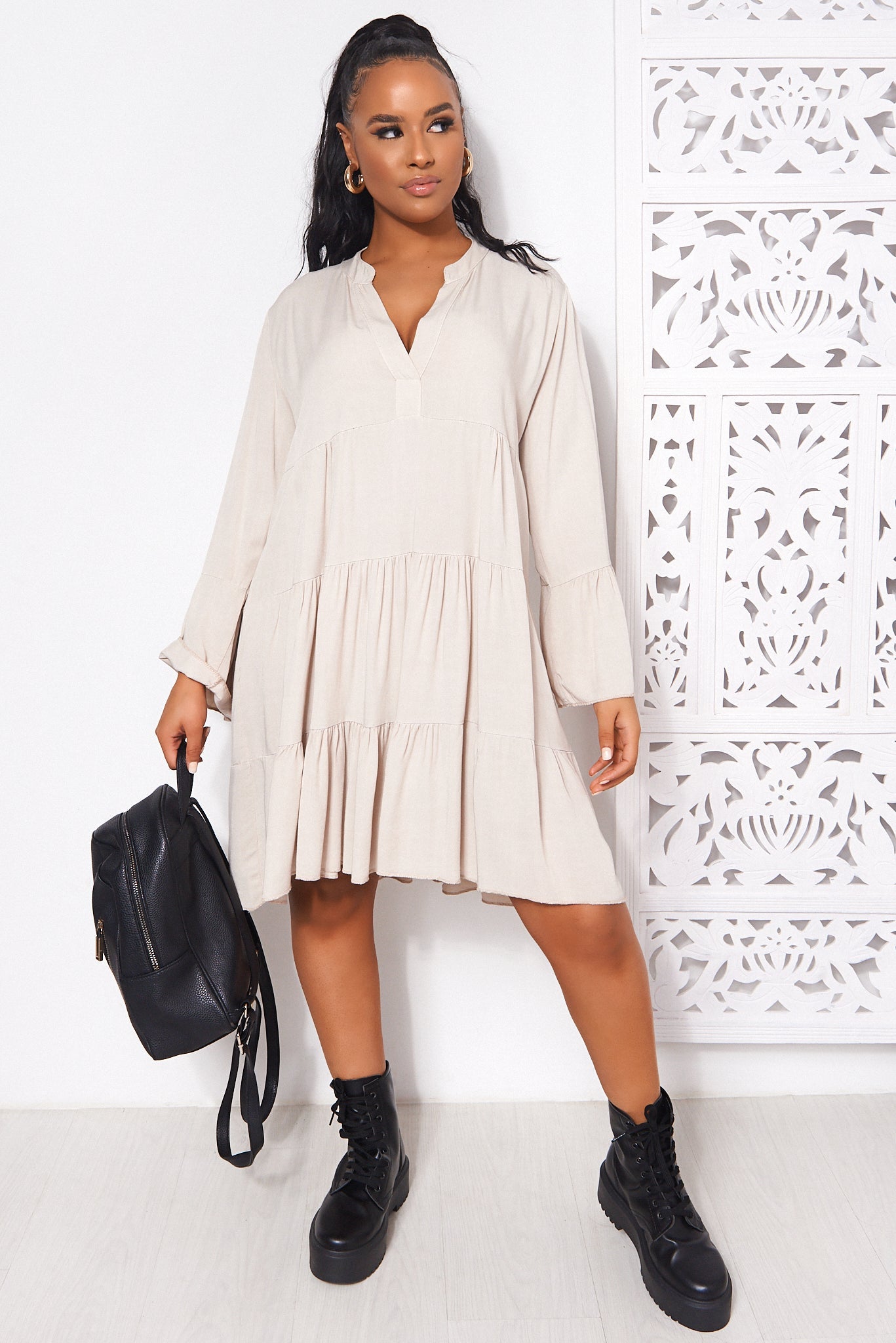 Beige Long Sleeve Smock Dress
