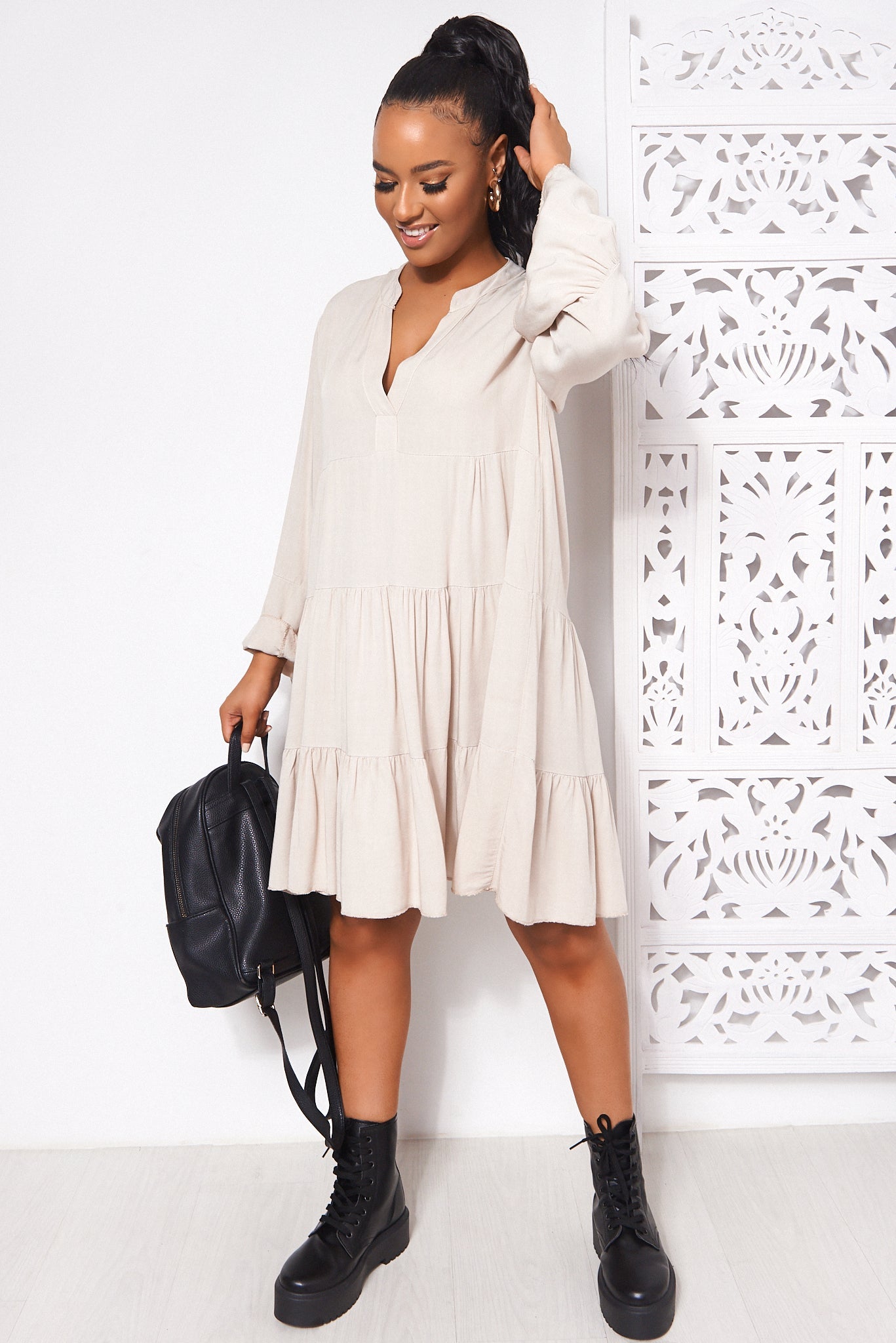 Beige Long Sleeve Smock Dress