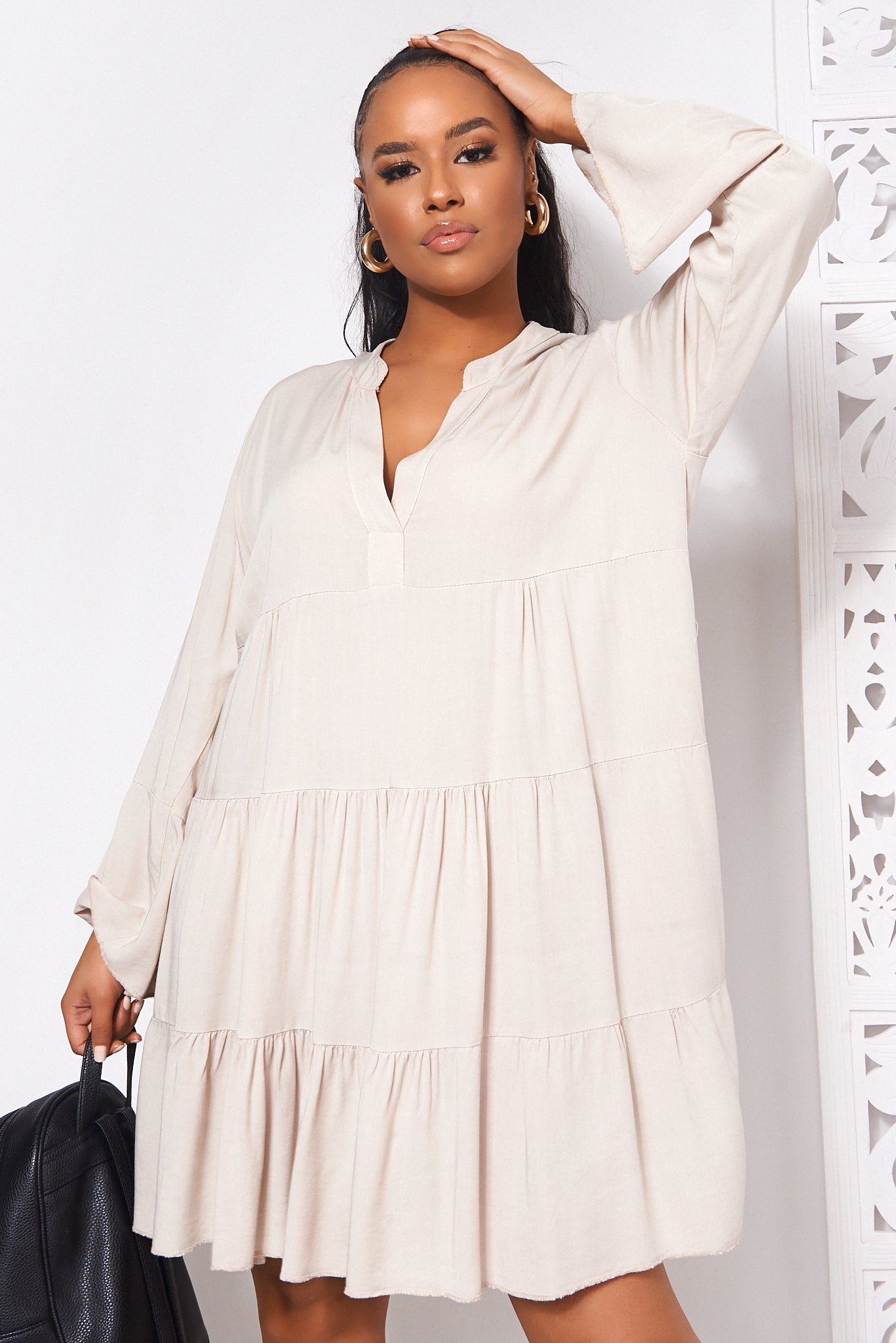 Beige Long Sleeve Smock Dress